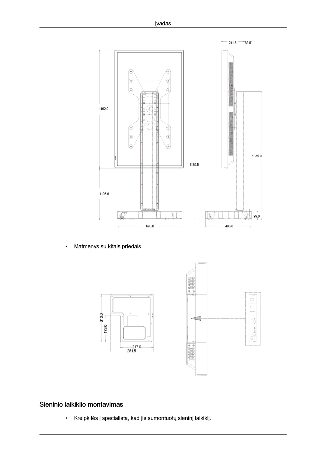 Samsung LH40CRPMBC/EN, LH40CRPMBD/EN manual Sieninio laikiklio montavimas 