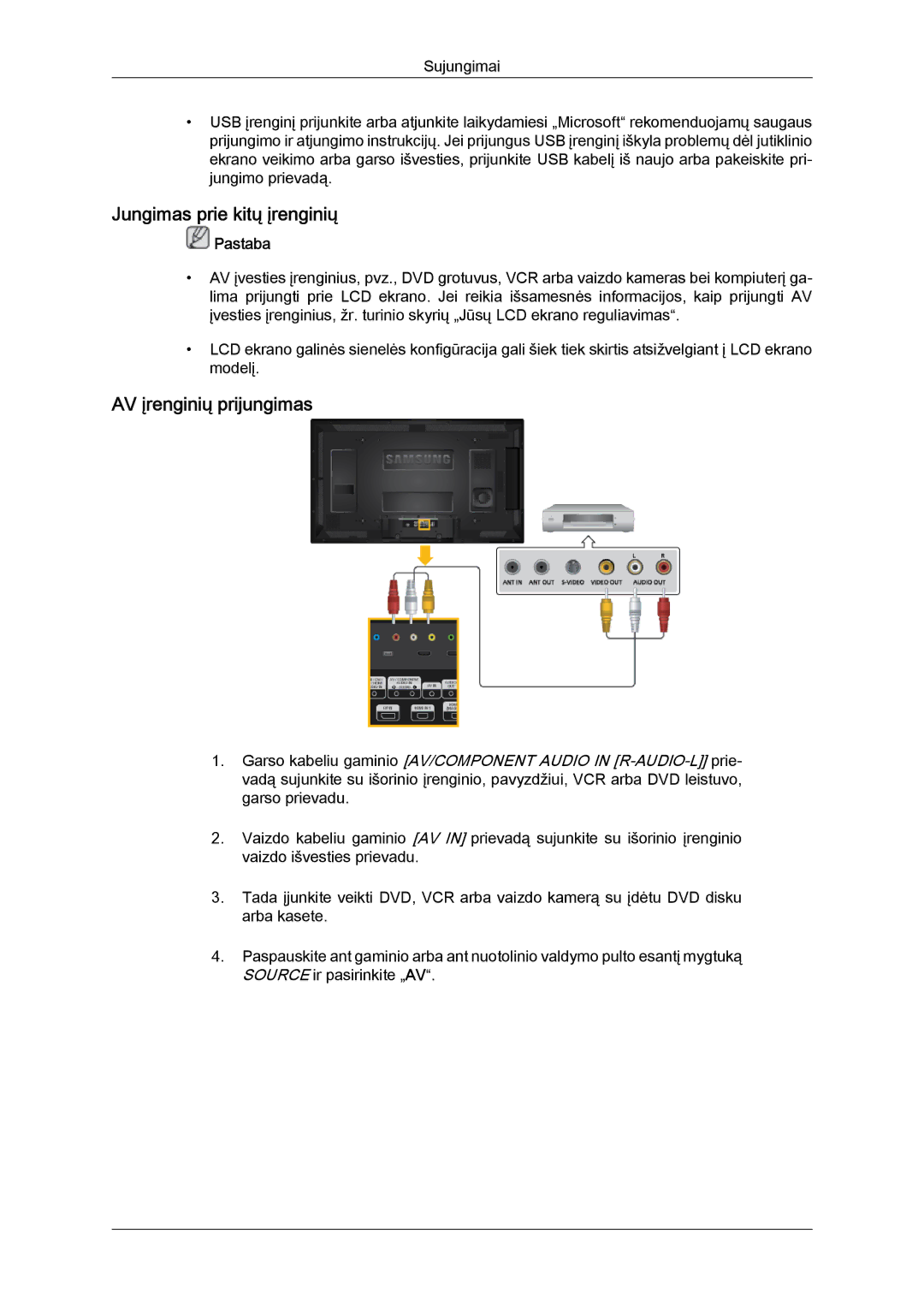 Samsung LH40CRPMBC/EN, LH40CRPMBD/EN manual Jungimas prie kitų įrenginių, AV įrenginių prijungimas 