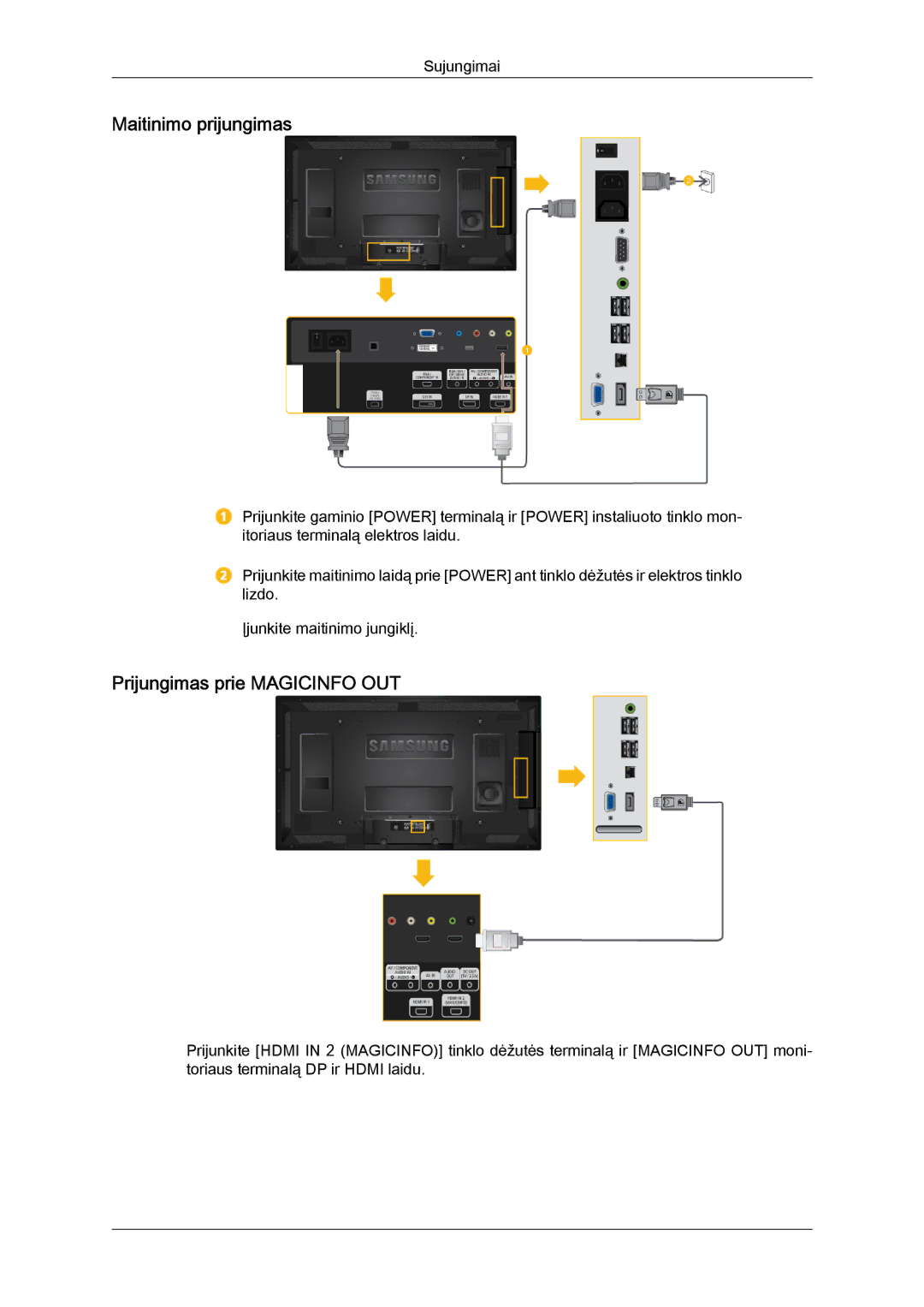 Samsung LH40CRPMBD/EN, LH40CRPMBC/EN manual Maitinimo prijungimas, Prijungimas prie Magicinfo OUT 