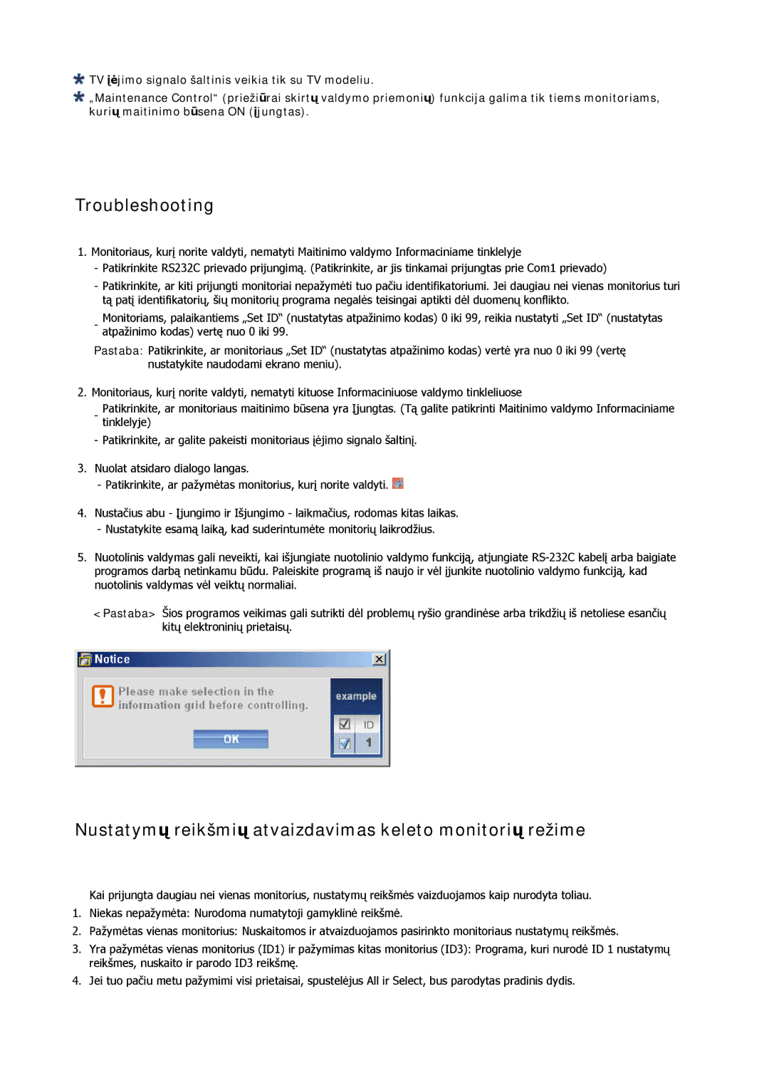 Samsung LH40CRPMBD/EN, LH40CRPMBC/EN manual Troubleshooting, Nustatymų reikšmių atvaizdavimas keleto monitorių režime 