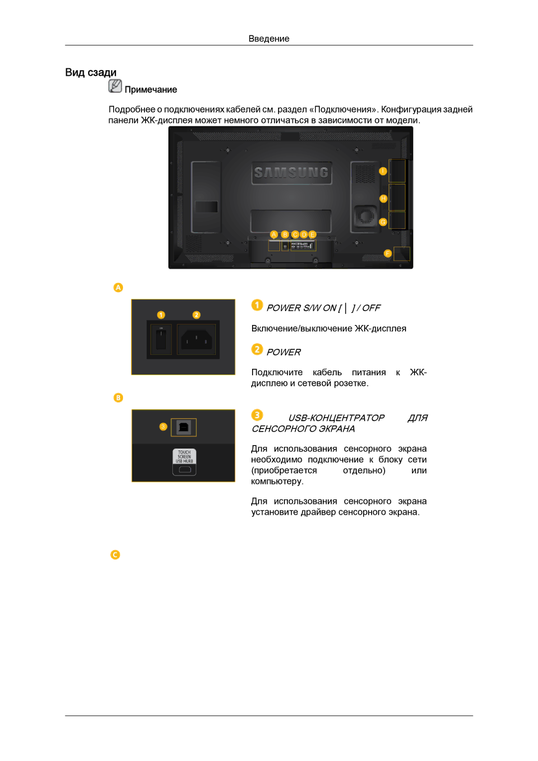 Samsung LH40CRPMBD/EN, LH40CRPMBC/EN manual Вид сзади, Power S/W on / OFF, USB-КОНЦЕНТРАТОР ДЛЯ Сенсорного Экрана 