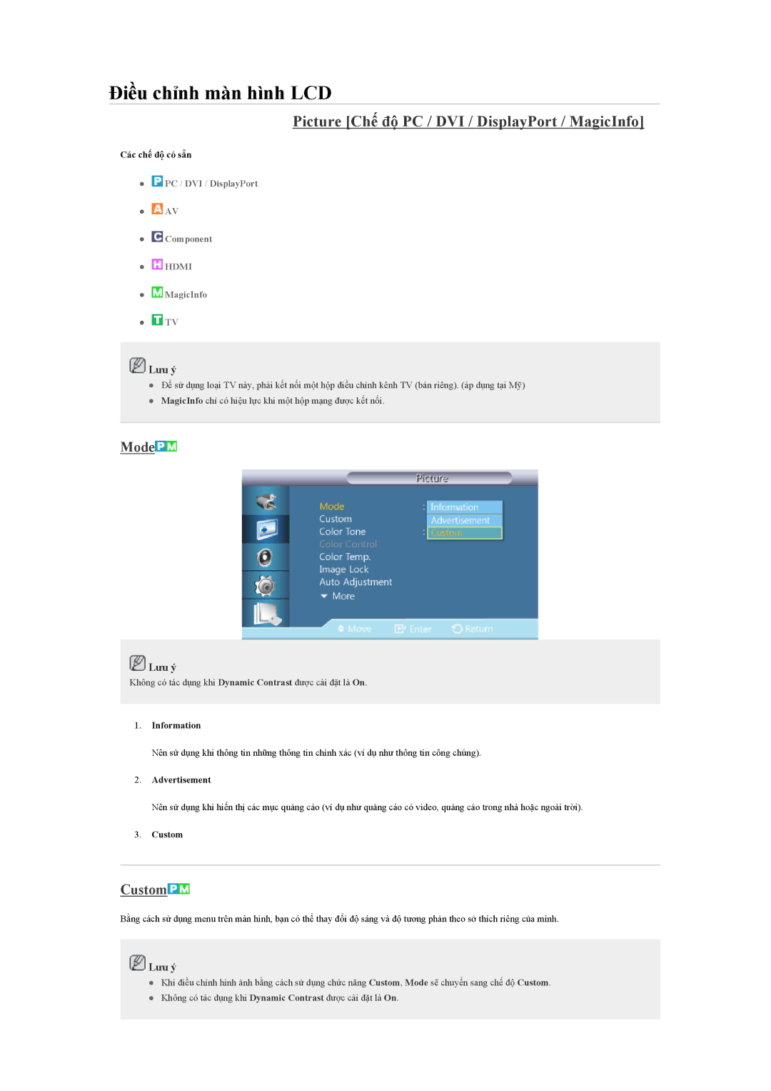 Samsung LH40CSPLBC/EN manual Picture Chế độ PC / DVI / DisplayPort / MagicInfo, Mode, Custom 