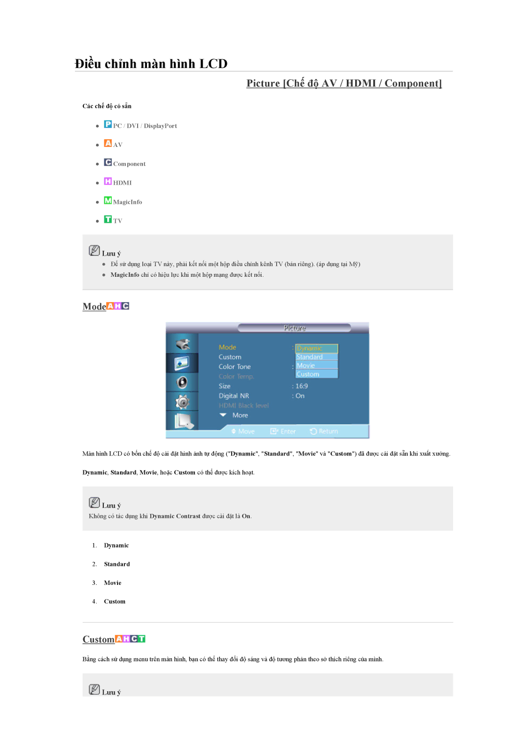 Samsung LH40CSPLBC/EN manual Picture Chế độ AV / Hdmi / Component, Mode 