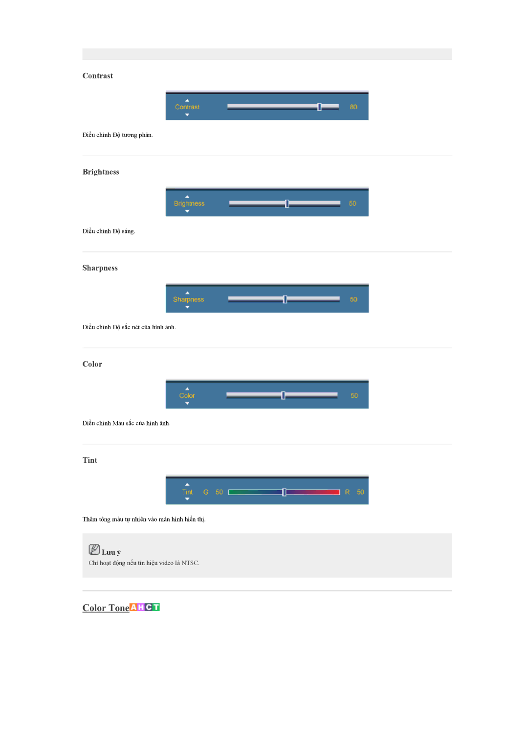Samsung LH40CSPLBC/EN manual Contrast, Brightness, Sharpness, Color, Tint 