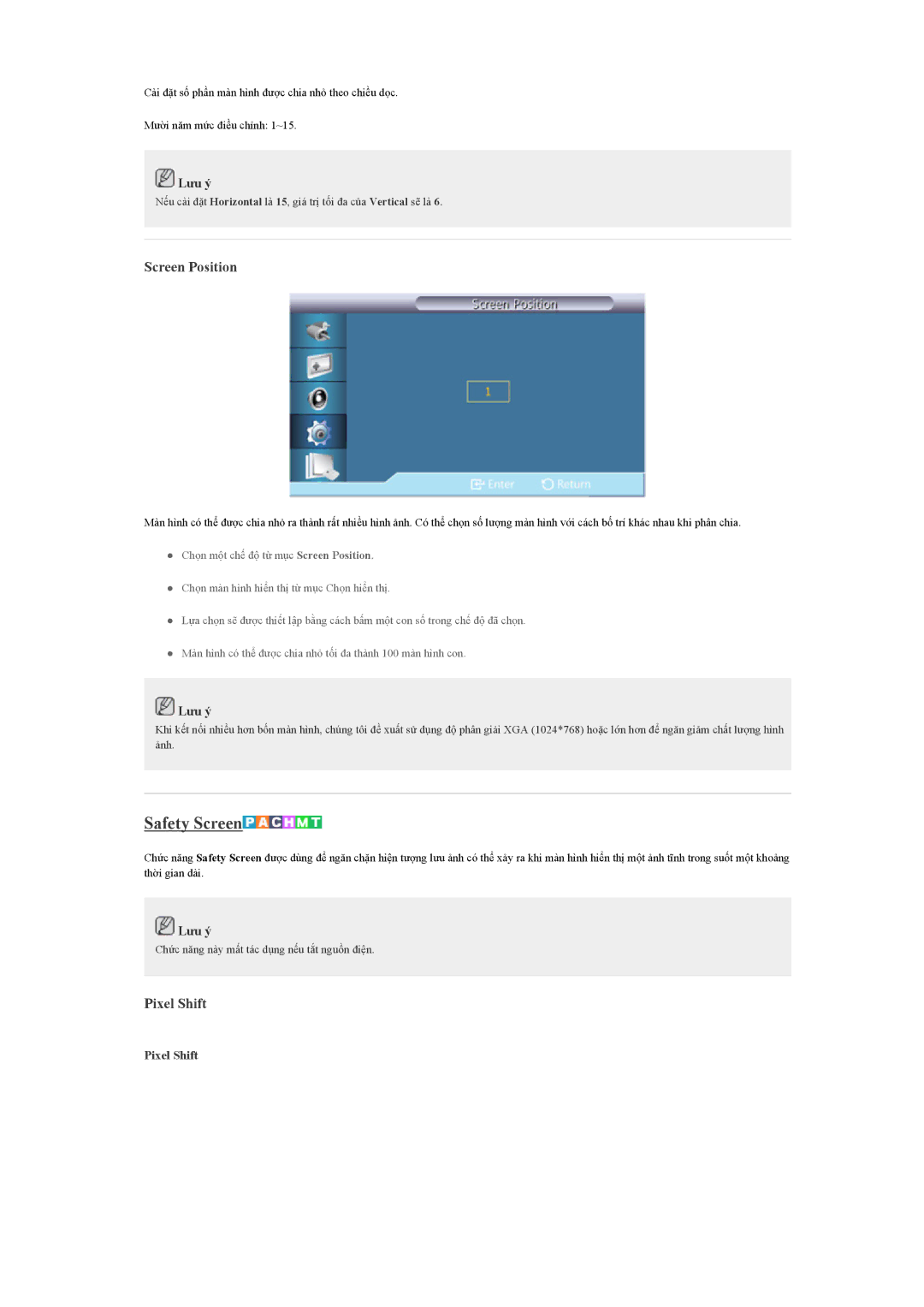 Samsung LH40CSPLBC/EN manual Safety Screen, Screen Position, Pixel Shift 