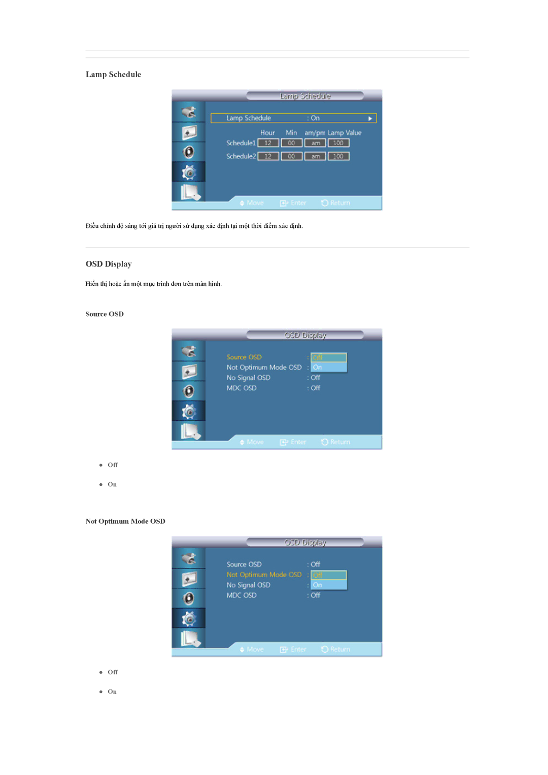 Samsung LH40CSPLBC/EN manual Lamp Schedule, OSD Display, Source OSD, Not Optimum Mode OSD 