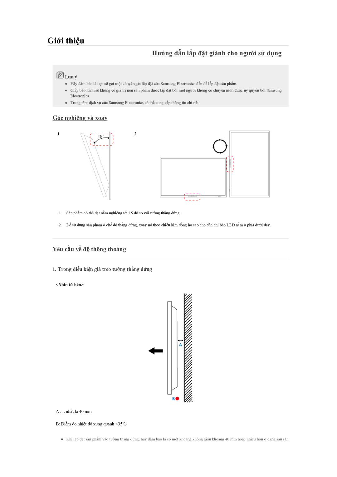 Samsung LH40CSPLBC/EN manual Hướng dẫn lắp đặt giành cho người sử dụng, Góc nghiêng và xoay, Yêu cầu về độ thông thoáng 