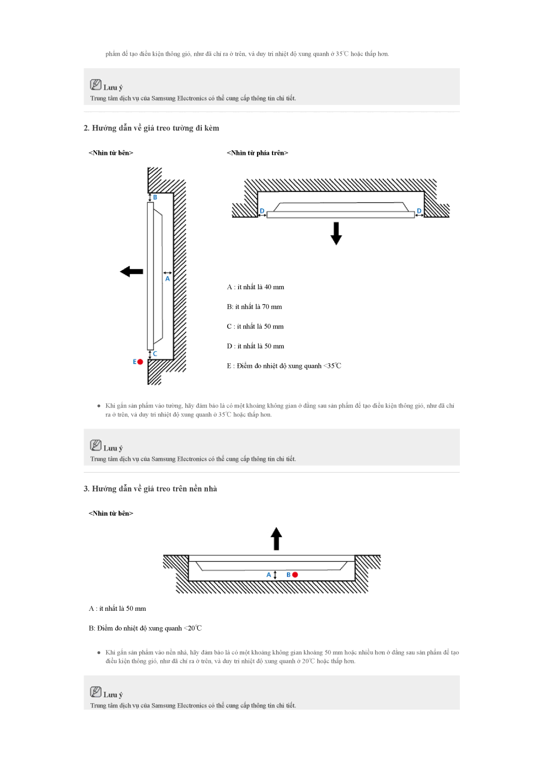 Samsung LH40CSPLBC/EN manual Hướng dẫn về giá treo tường đi kèm, Hướng dẫn về giá treo trên nền nhà 