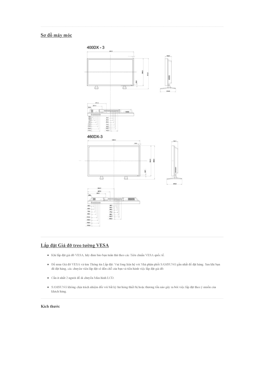 Samsung LH40CSPLBC/EN manual Sơ đồ máy móc Lắp đặt Giá đỡ treo tường Vesa, Kích thước 