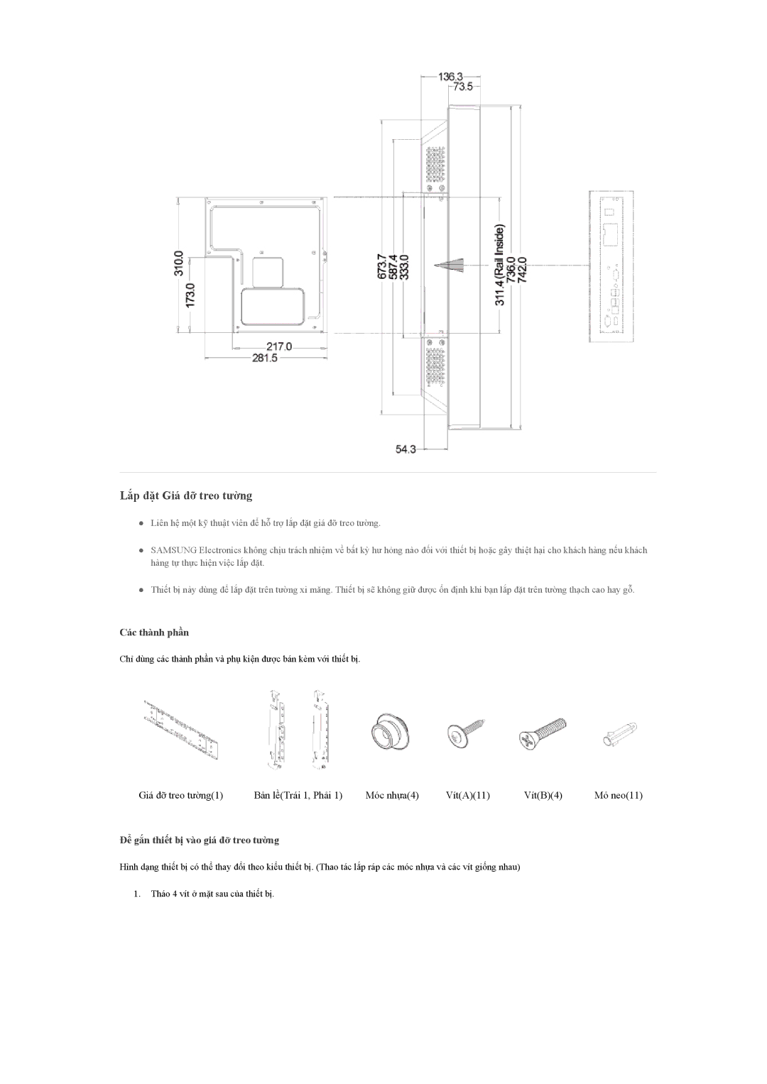 Samsung LH40CSPLBC/EN manual Lắp đặt Giá đỡ treo tường, Các thành phần, Để gắn thiết bị vào giá đỡ treo tường 