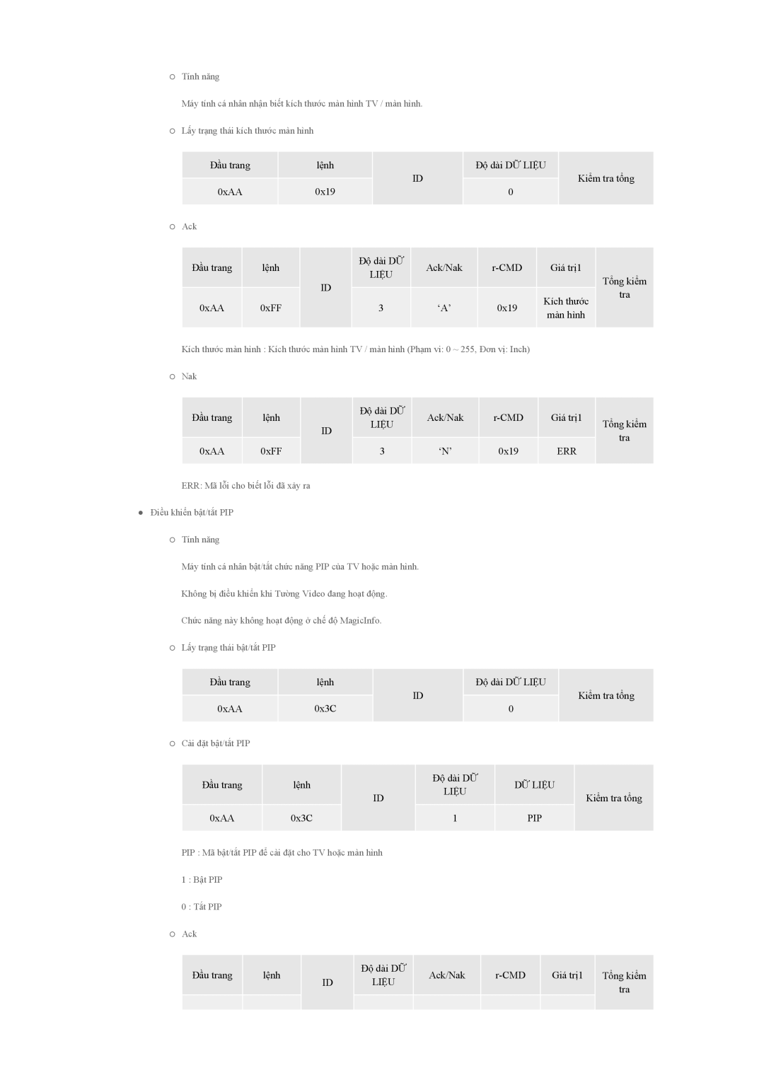 Samsung LH40CSPLBC/EN manual Đầu trang Lệnh Độ dài DỮ Ack/Nak CMD Giá trị1 Tổng kiểm 