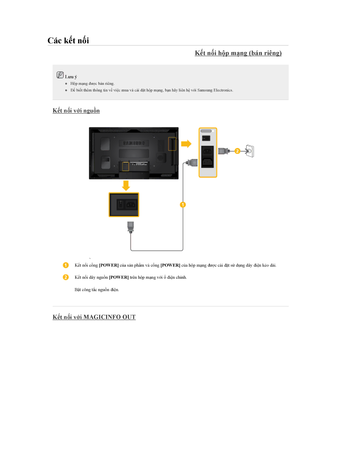 Samsung LH40CSPLBC/EN manual Kết nối hộp mạng bán riêng, Kết nối với nguồn, Kết nối với Magicinfo OUT 