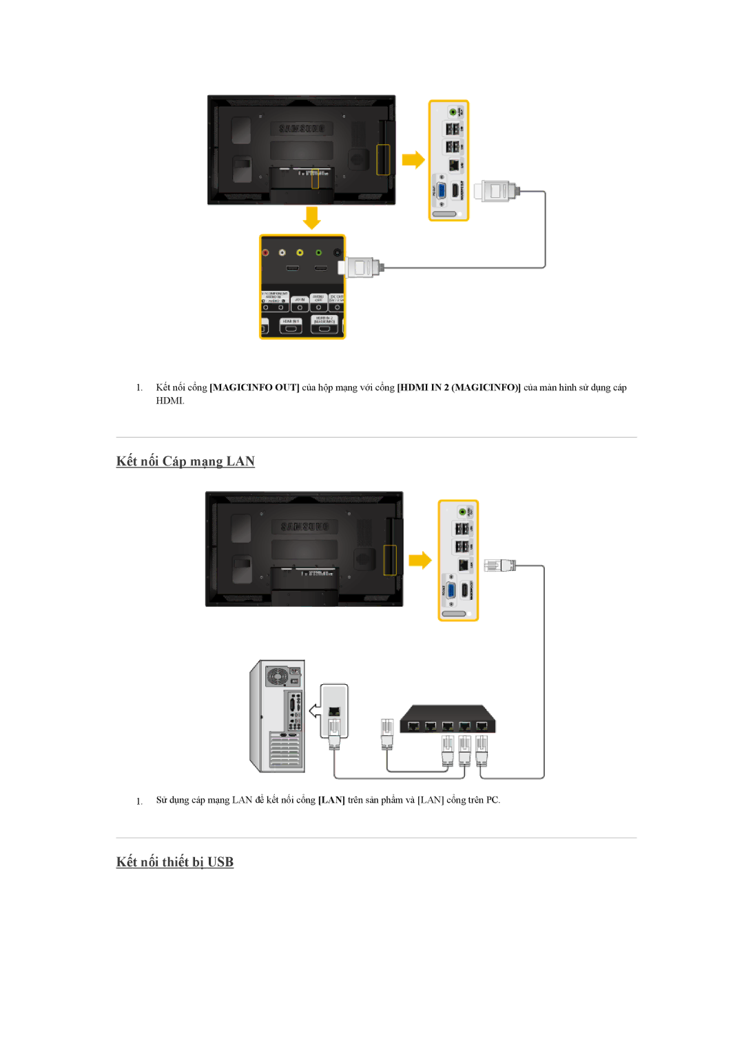 Samsung LH40CSPLBC/EN manual Kết nối Cáp mạng LAN, Kết nối thiết bị USB 