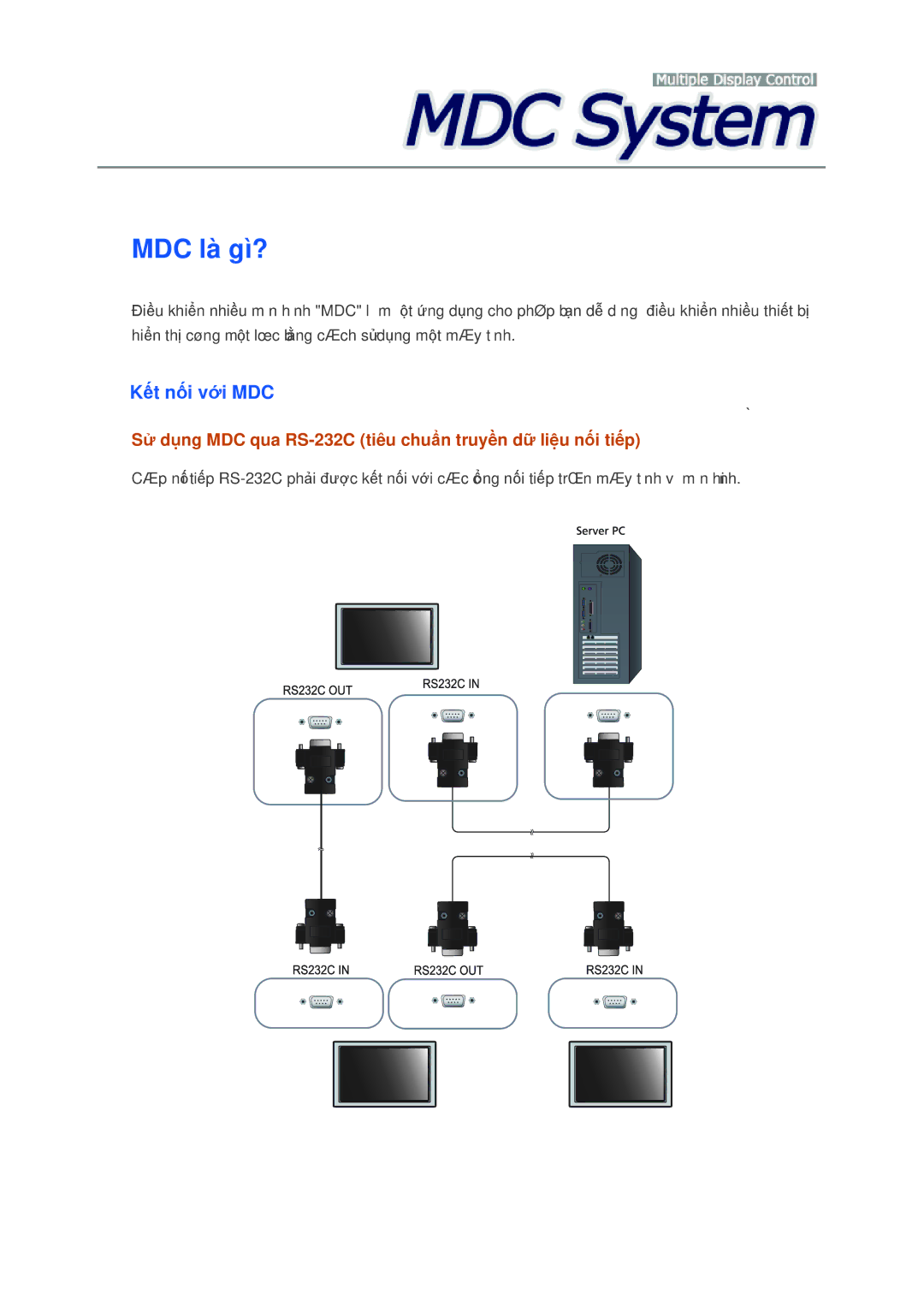 Samsung LH40CSPLBC/EN manual Kết nối với MDC, Sử dụng MDC qua RS-232C tiêu chuẩn truyền dữ liệu nối tiếp 