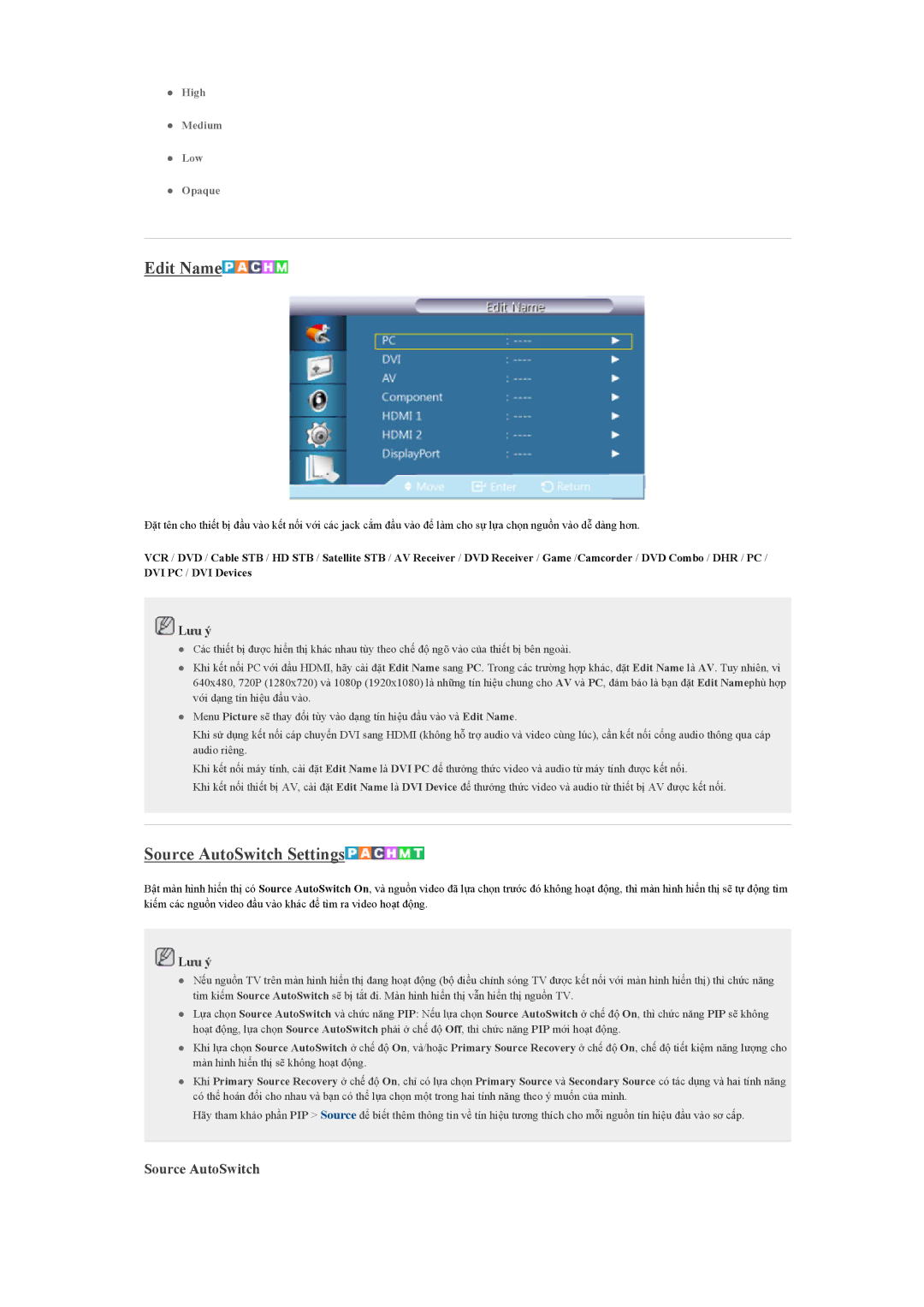 Samsung LH40CSPLBC/EN manual Edit Name, Source AutoSwitch Settings 