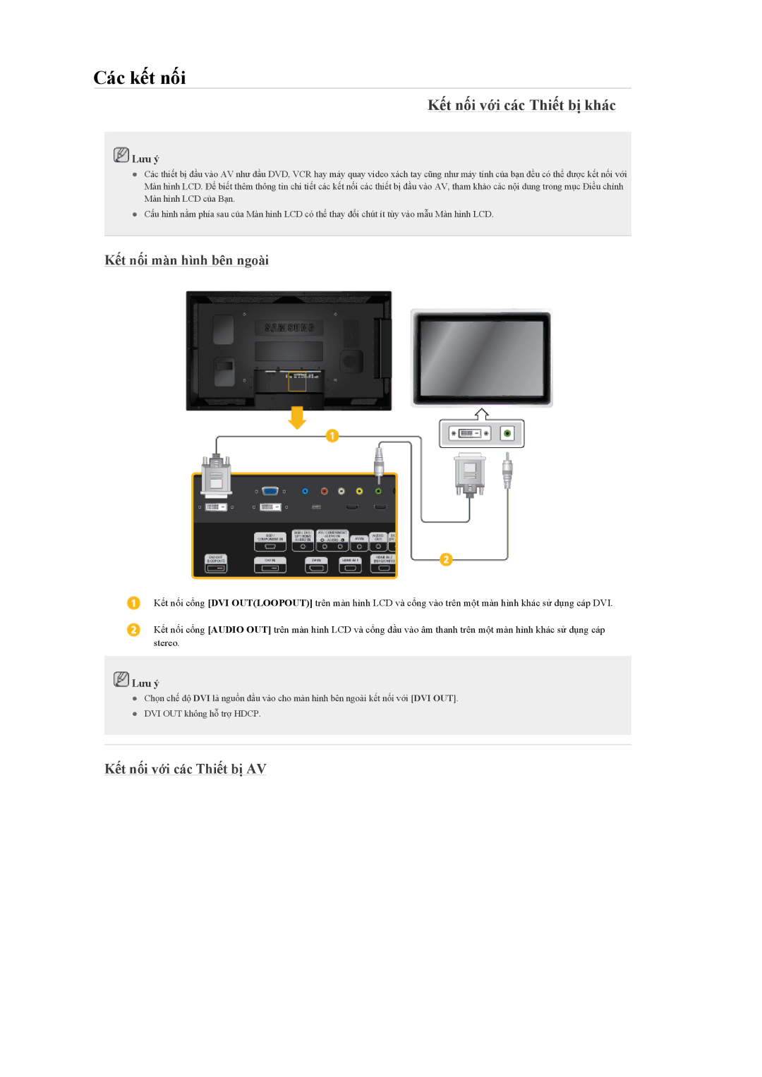 Samsung LH40CSPLBC/EN manual Kết nối với các Thiết bị khác, Kết nối màn hình bên ngoài, Kết nối với các Thiết bị AV 
