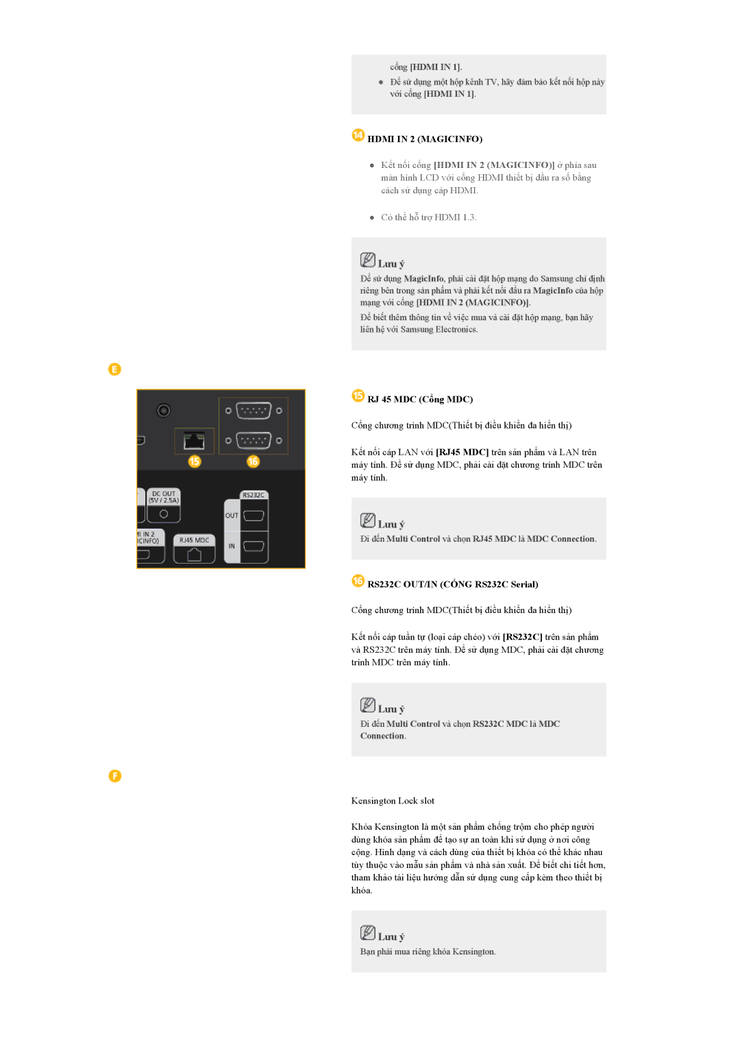 Samsung LH40CSPLBC/EN manual Cổng Hdmi, Hdmi in 2 Magicinfo, Đi đến Multi Control và chọn RJ45 MDC là MDC Connection 