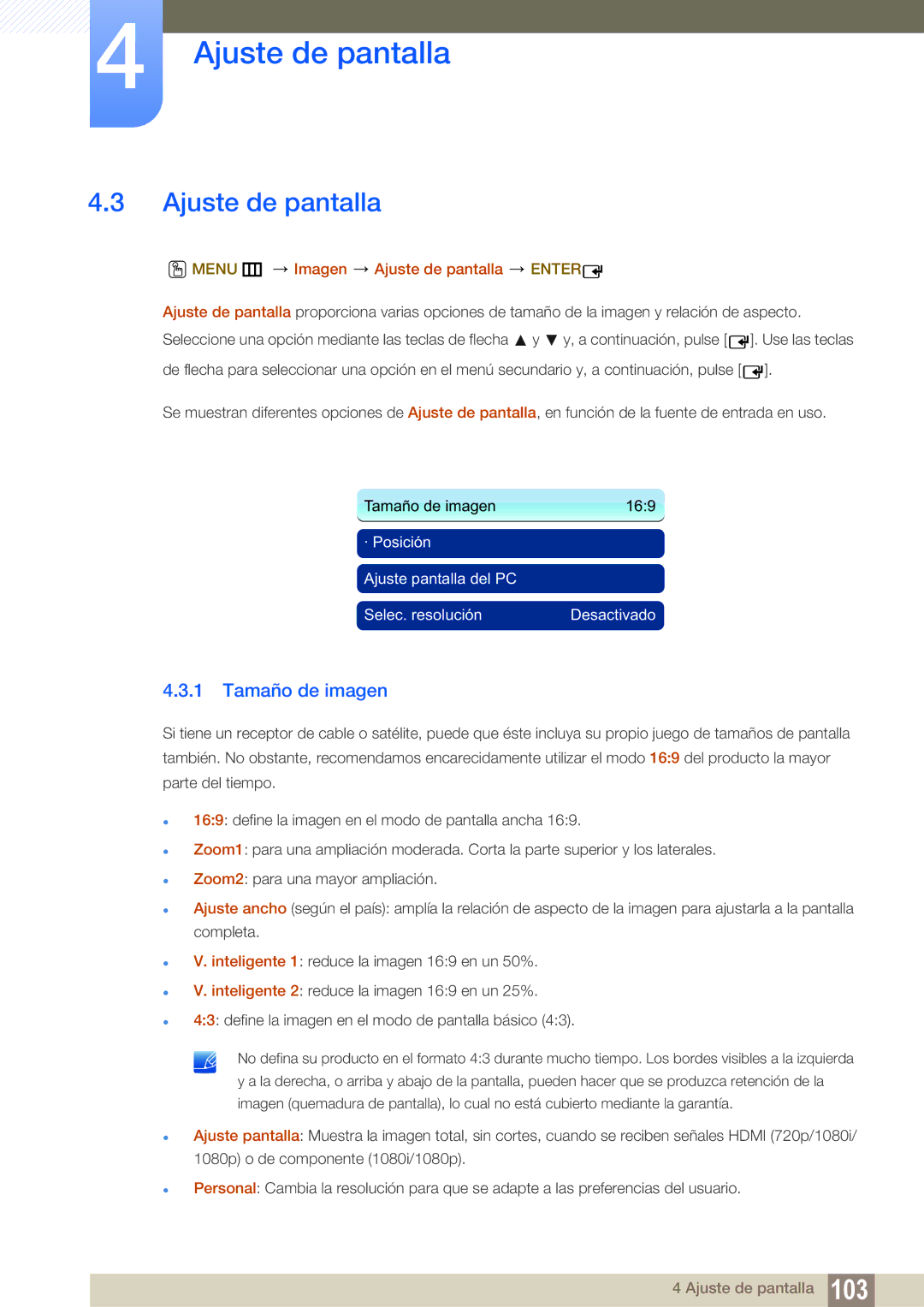 Samsung LH46UEPLGC/ZA, LH40DEPLGC/EN, LH46DEPLGC/EN manual Tamaño de imagen, Menu m Imagen Ajuste de pantalla Enter 