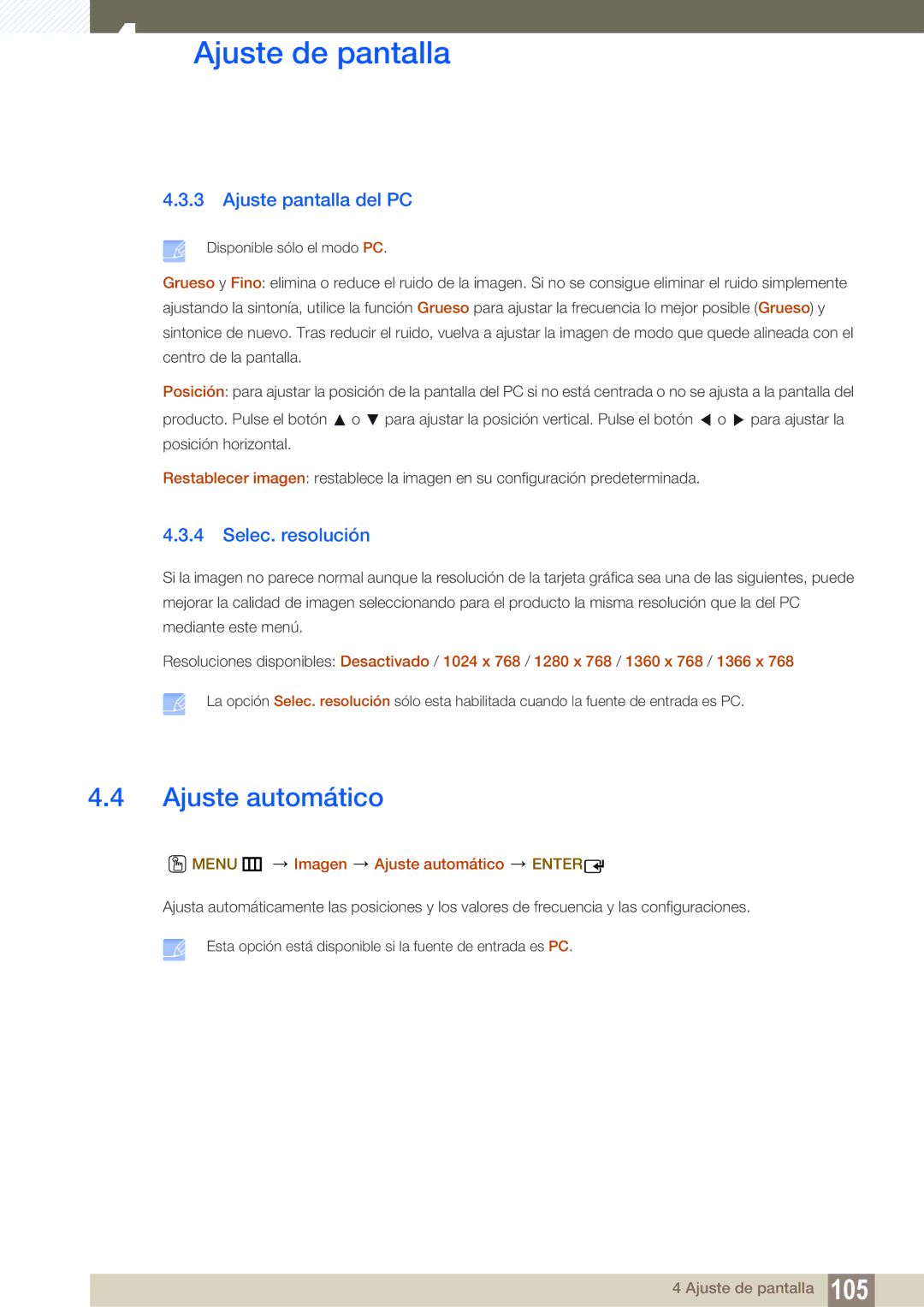 Samsung LH46DEPLGC/EN, LH40DEPLGC/EN Ajuste pantalla del PC, Selec. resolución, Menu m Imagen Ajuste automático Enter 