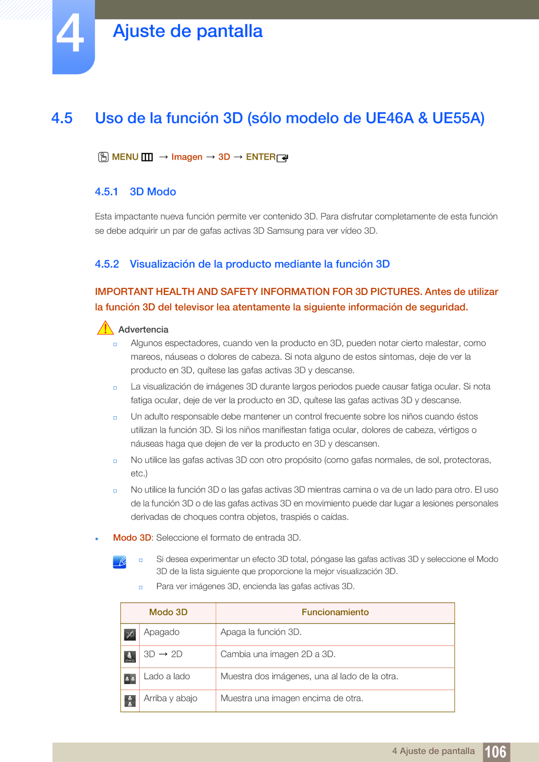 Samsung LH55UEAPLGC/EN, LH40DEPLGC/EN Uso de la función 3D sólo modelo de UE46A & UE55A, 1 3D Modo, Menu m Imagen 3D Enter 