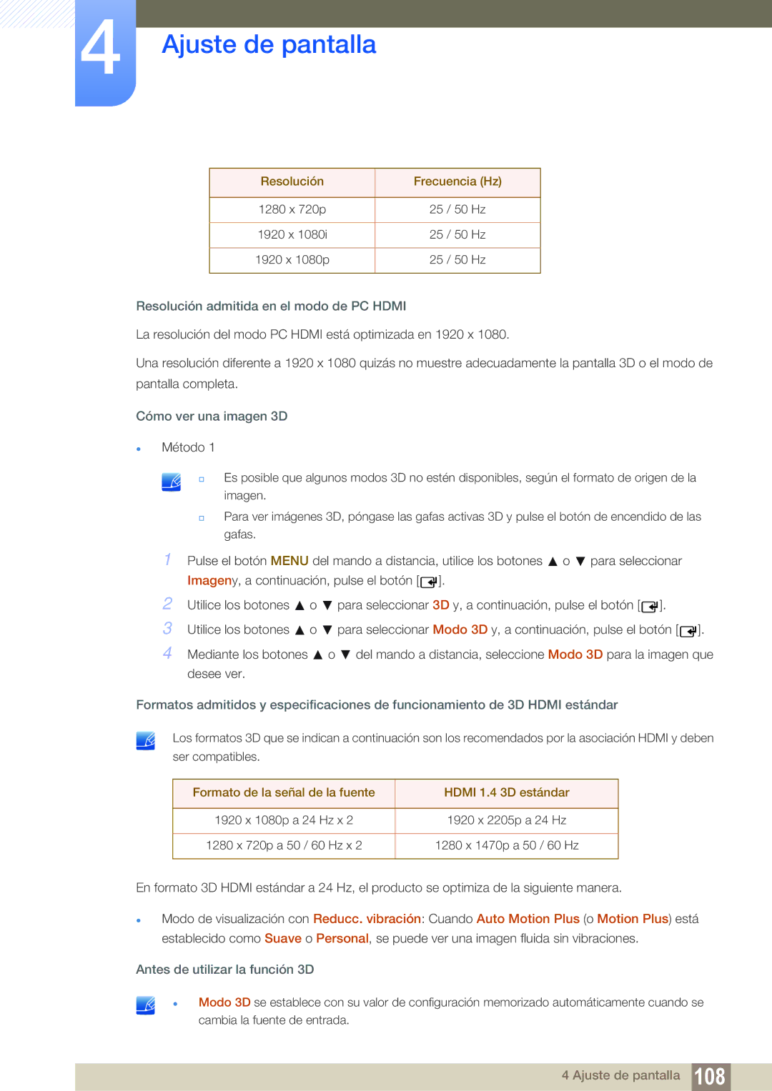 Samsung LH46UEPLGC/EN manual Resolución Frecuencia Hz, Resolución admitida en el modo de PC Hdmi, Cómo ver una imagen 3D 