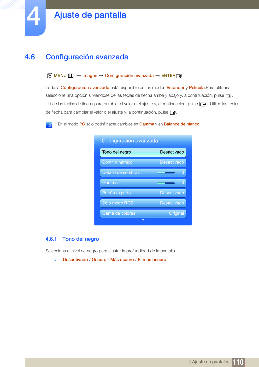 Samsung LH40MEPLGC/EN, LH40DEPLGC/EN, LH46DEPLGC/EN manual Tono del negro, Menu m Imagen Configuración avanzada Enter 