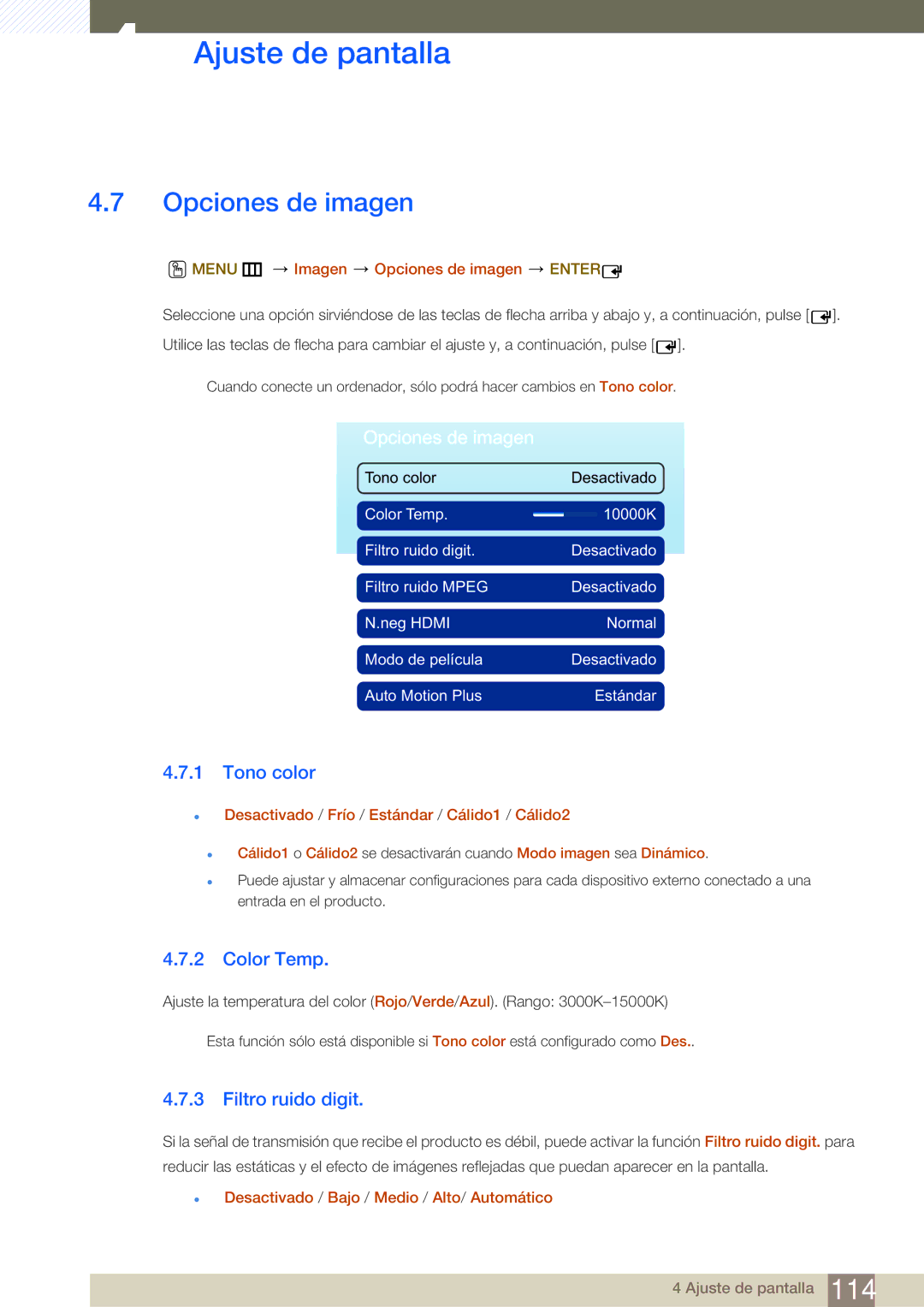 Samsung LH55DEAPLBC/EN, LH40DEPLGC/EN, LH46DEPLGC/EN manual Opciones de imagen, Tono color, Color Temp, Filtro ruido digit 