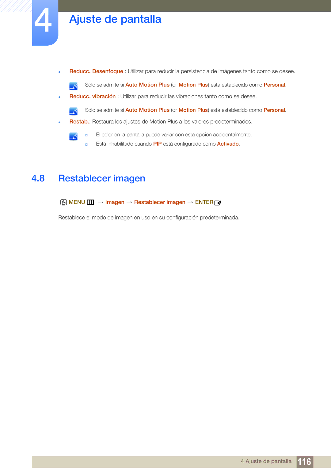 Samsung LH46UEPLGC/ZA, LH40DEPLGC/EN, LH46DEPLGC/EN, LH55UEAPLGC/EN, LH46MEPLGC/EN Menu m Imagen Restablecer imagen Enter 