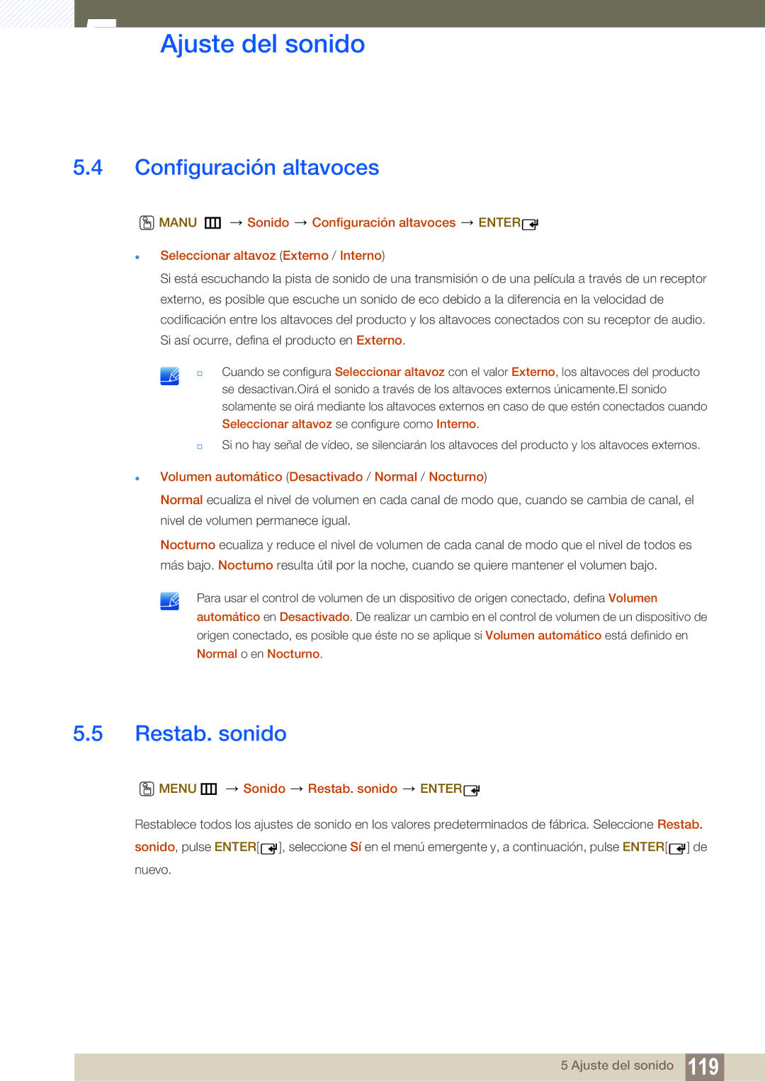 Samsung LH55UEAPLGC/EN manual Configuración altavoces, Restab. sonido,  Volumen automático Desactivado / Normal / Nocturno 