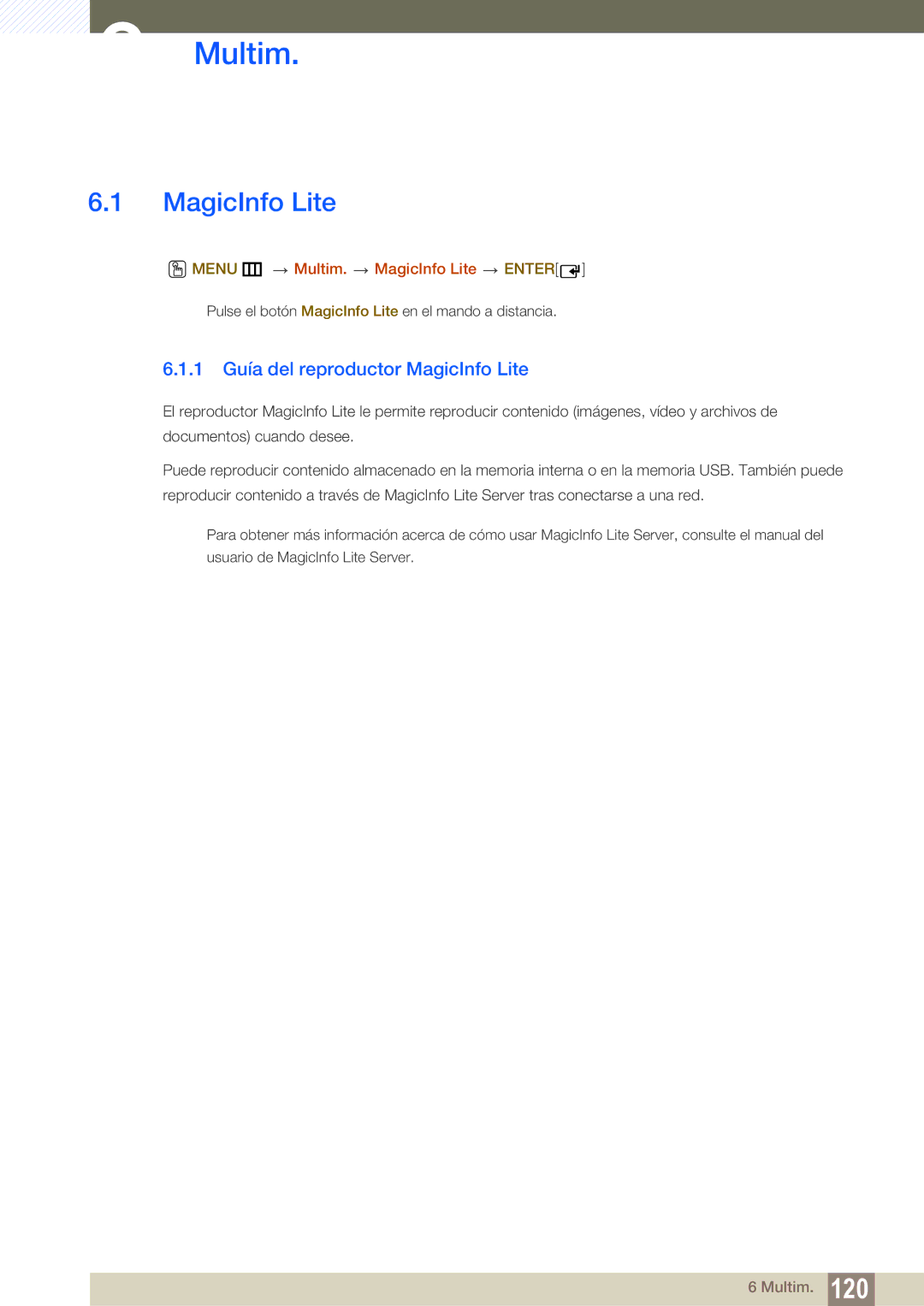 Samsung LH46MEPLGC/EN, LH40DEPLGC/EN 1 Guía del reproductor MagicInfo Lite, Menu m Multim. MagicInfo Lite Enter 