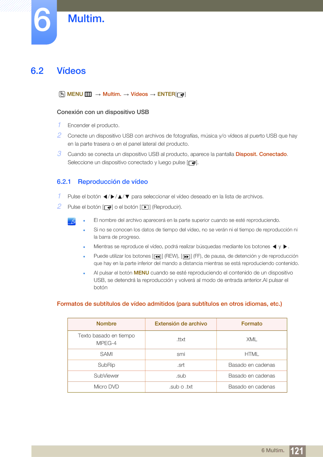 Samsung LH46UEPLGC/EN manual Reproducción de vídeo, Menu m Multim. Vídeos Enter, Nombre Extensión de archivo Formato 