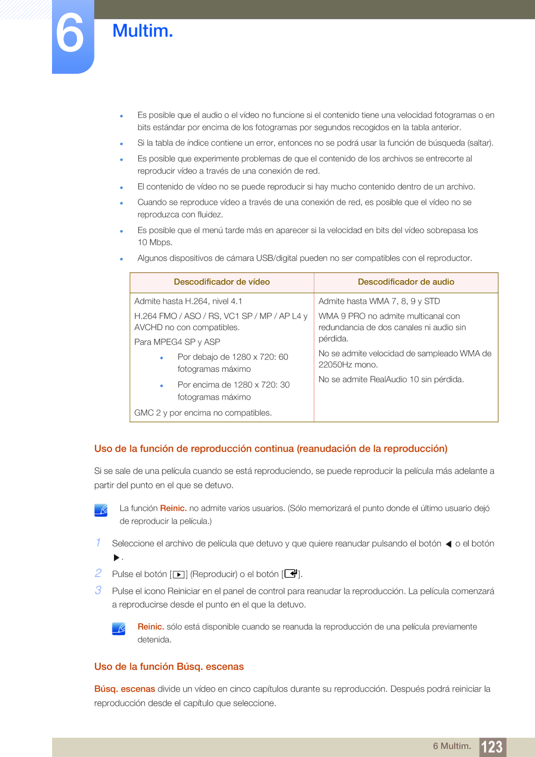 Samsung LH40MEPLGC/EN, LH40DEPLGC/EN manual Uso de la función Búsq. escenas, Descodificador de vídeo Descodificador de audio 