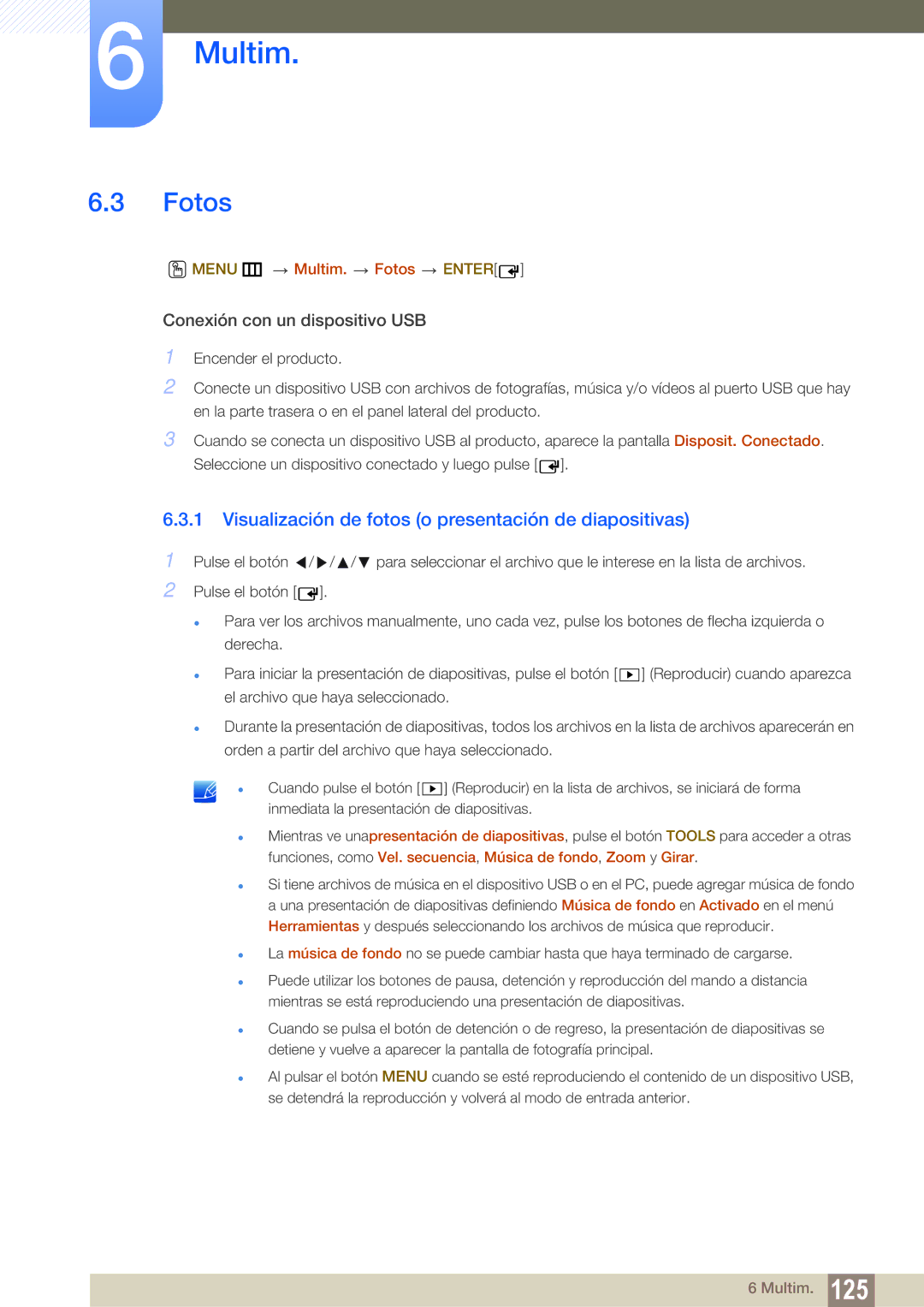 Samsung LH55MEPLGC/EN, LH40DEPLGC/EN Visualización de fotos o presentación de diapositivas, Menu m Multim. Fotos Enter 