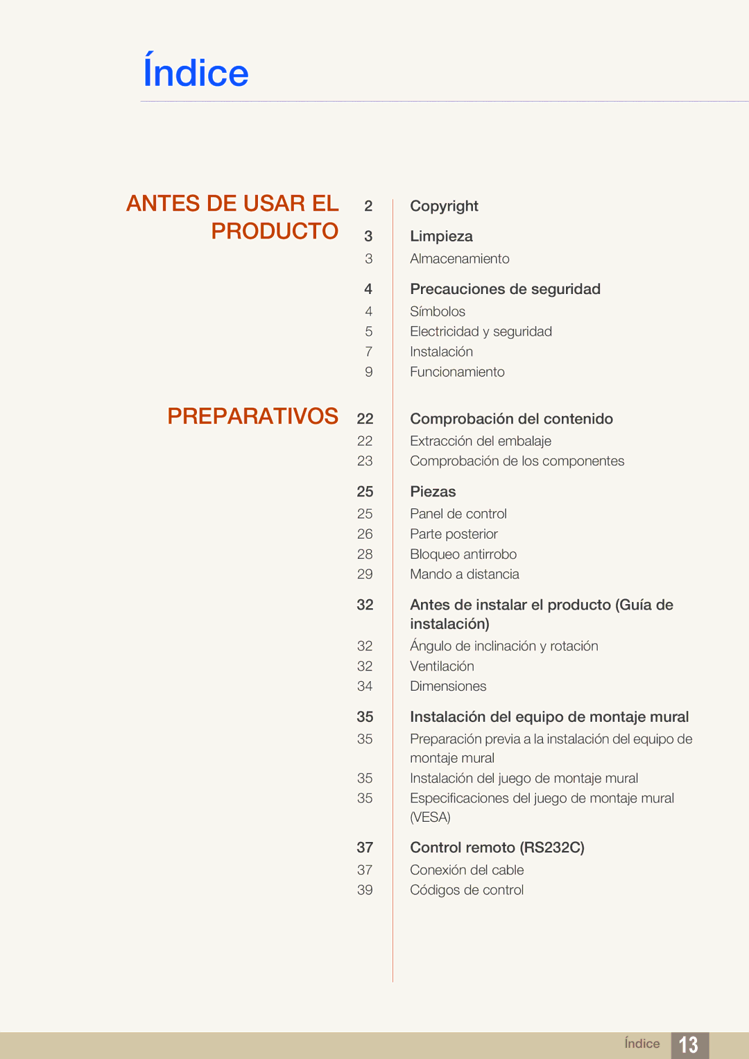 Samsung LH40DEPLGC/EN, LH46DEPLGC/EN, LH55UEAPLGC/EN, LH46MEPLGC/EN, LH46UEPLGC/EN, LH55UEPLGC/EN, LH40MEPLGC/EN manual Índice 