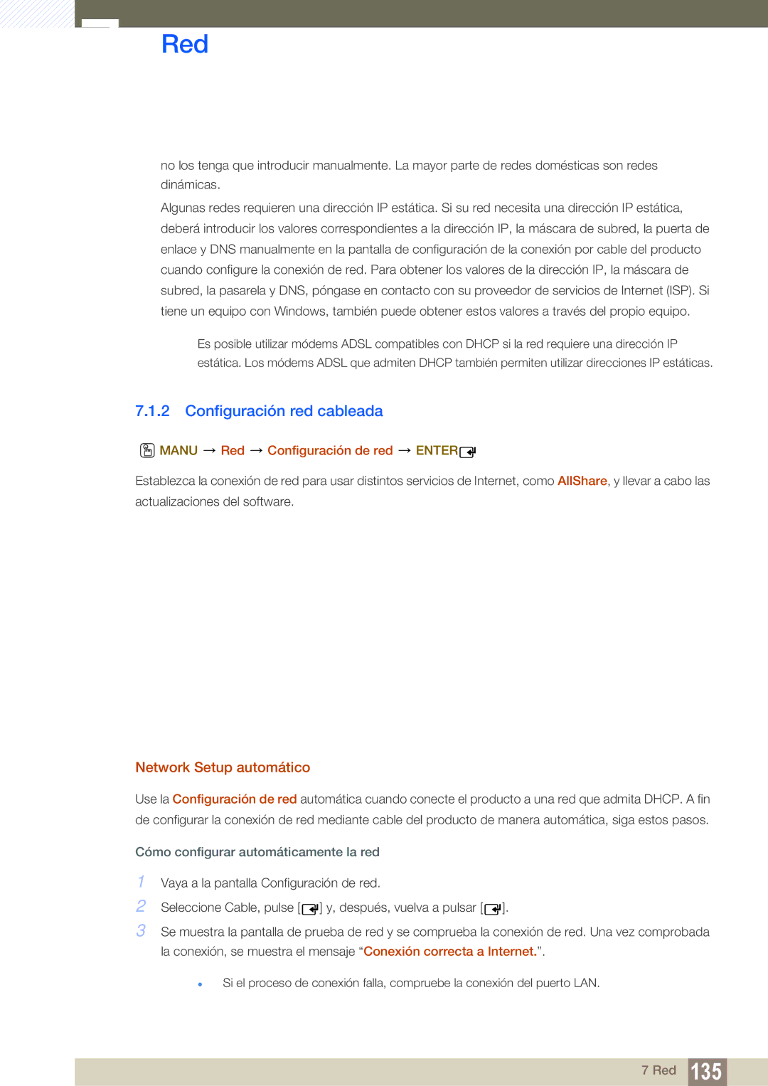 Samsung LH55UEPLGC/EN manual Configuración red cableada, Network Setup automático, Manu Red Configuración de red Enter 