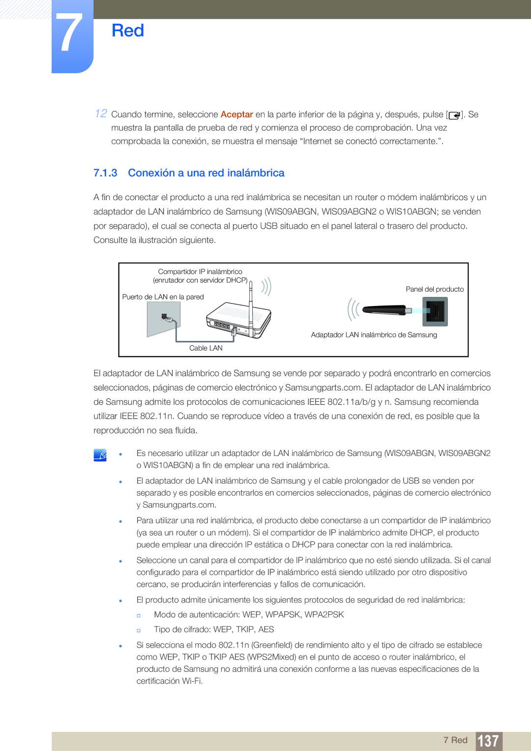 Samsung LH46UEAPLGC/EN, LH40DEPLGC/EN, LH46DEPLGC/EN, LH55UEAPLGC/EN, LH46MEPLGC/EN manual Conexión a una red inalámbrica 