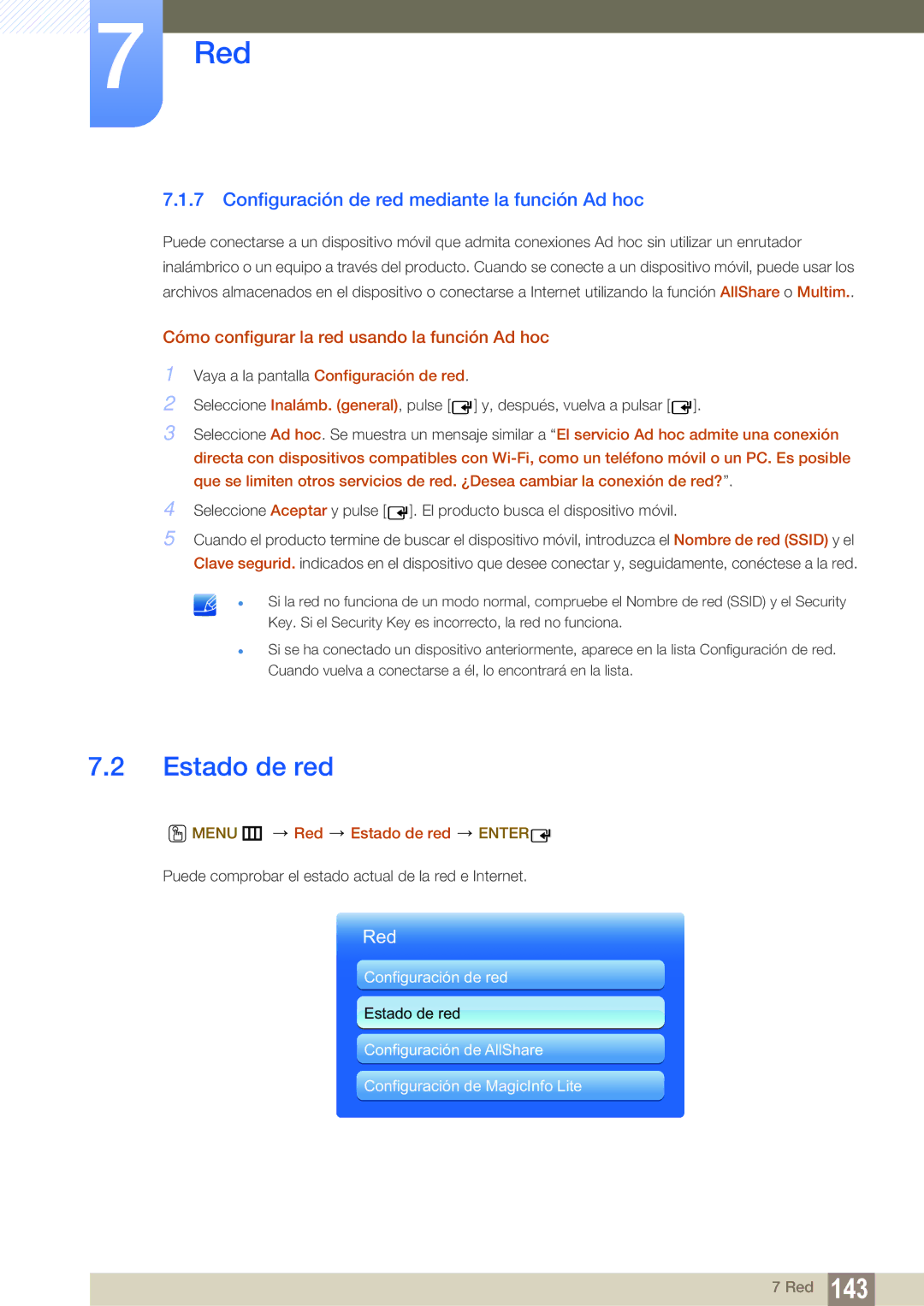 Samsung LH40DEPLGC/EN, LH46DEPLGC/EN Configuración de red mediante la función Ad hoc, Menu m Red Estado de red Enter 