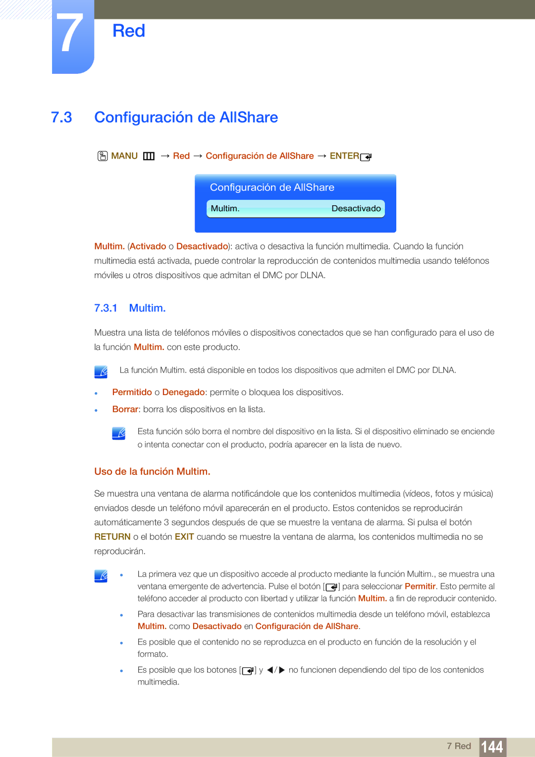 Samsung LH46DEPLGC/EN, LH40DEPLGC/EN manual Uso de la función Multim, Manu m Red Configuración de AllShare Enter 