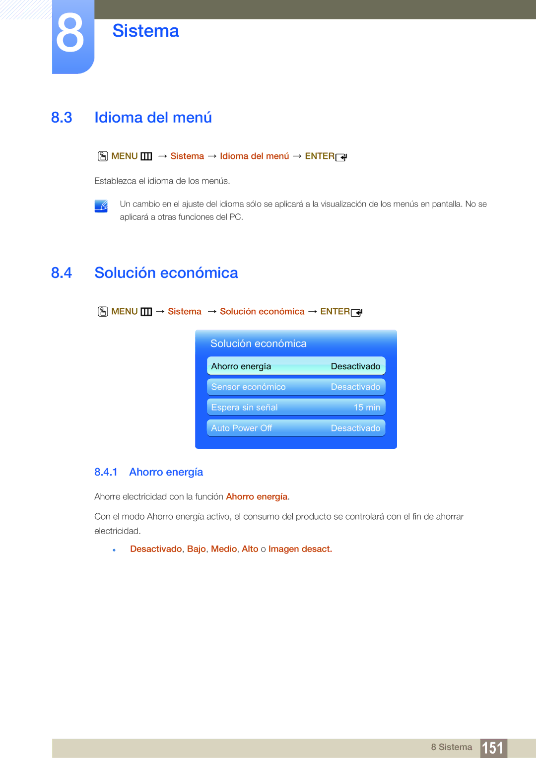 Samsung LH55MEPLGC/EN, LH40DEPLGC/EN, LH46DEPLGC/EN, LH55UEAPLGC/EN manual Idioma del menú, Solución económica, Ahorro energía 