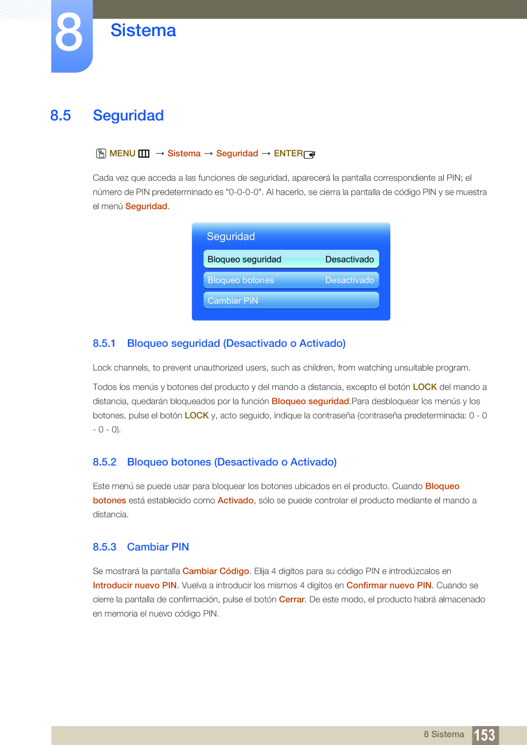 Samsung LH55DEAPLBC/EN manual Seguridad, Bloqueo seguridad Desactivado o Activado, Bloqueo botones Desactivado o Activado 