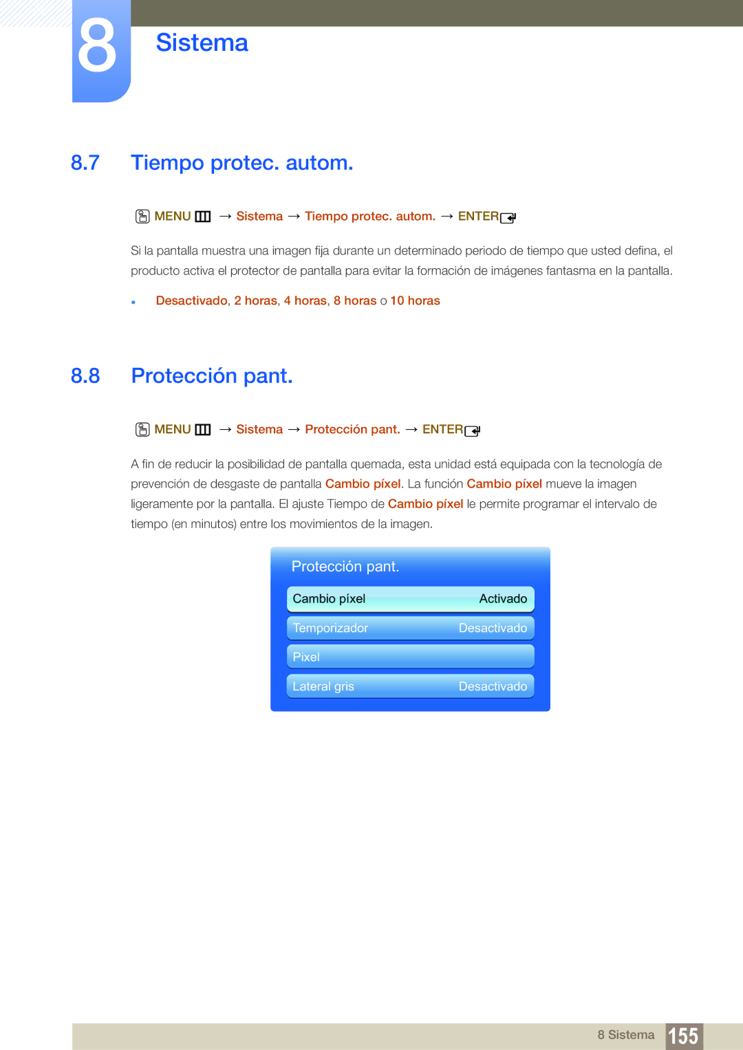 Samsung LH46UEPLGC/ZA, LH40DEPLGC/EN, LH46DEPLGC/EN manual Protección pant, Menu m Sistema Tiempo protec. autom. Enter 