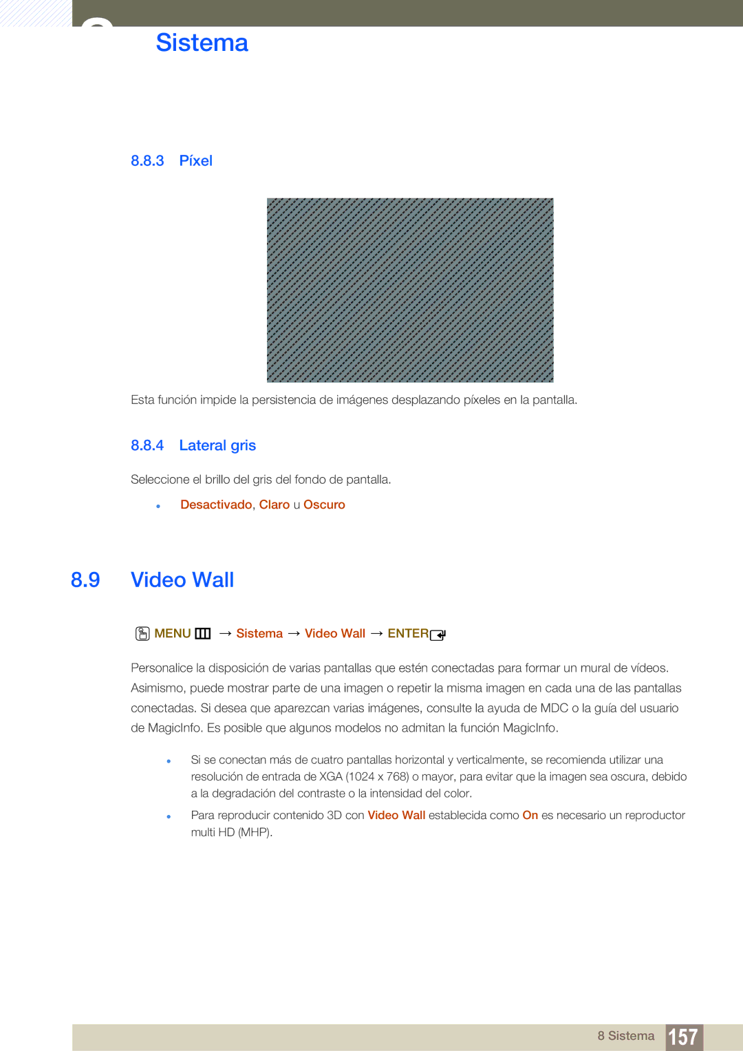 Samsung LH46DEPLGC/EN manual 3 Píxel, Lateral gris,  Desactivado, Claro u Oscuro, Menu m Sistema Video Wall Enter 