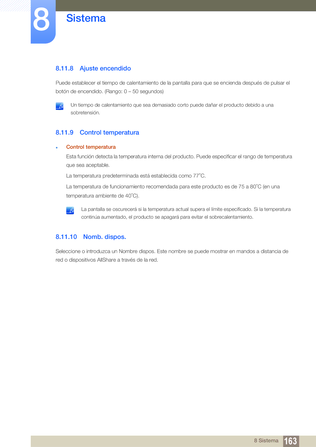 Samsung LH46UEAPLGC/EN, LH40DEPLGC/EN, LH46DEPLGC/EN manual Ajuste encendido, Nomb. dispos,  Control temperatura 