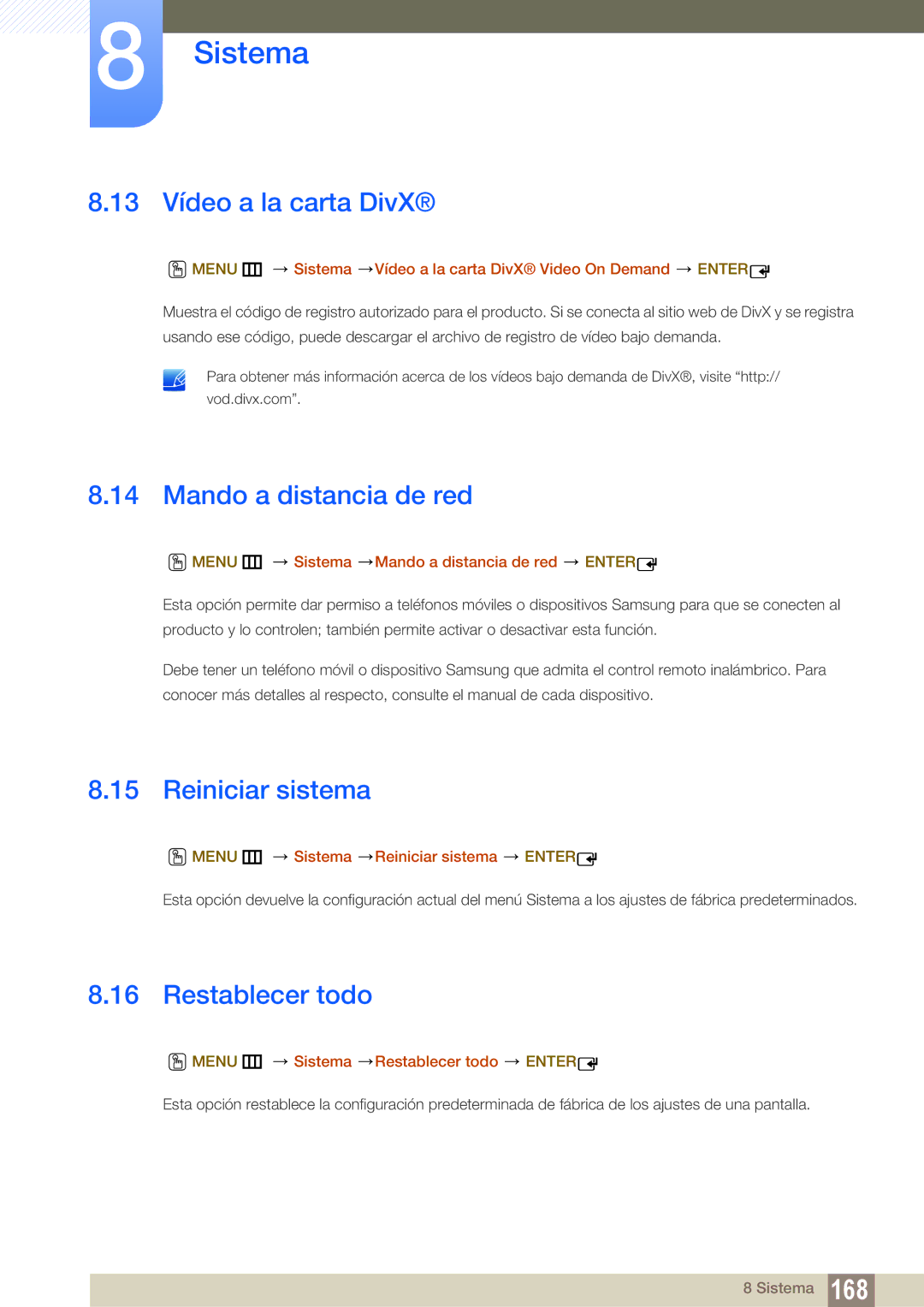 Samsung LH46UEPLGC/ZA manual 13 Vídeo a la carta DivX, Mando a distancia de red, Reiniciar sistema, Restablecer todo 