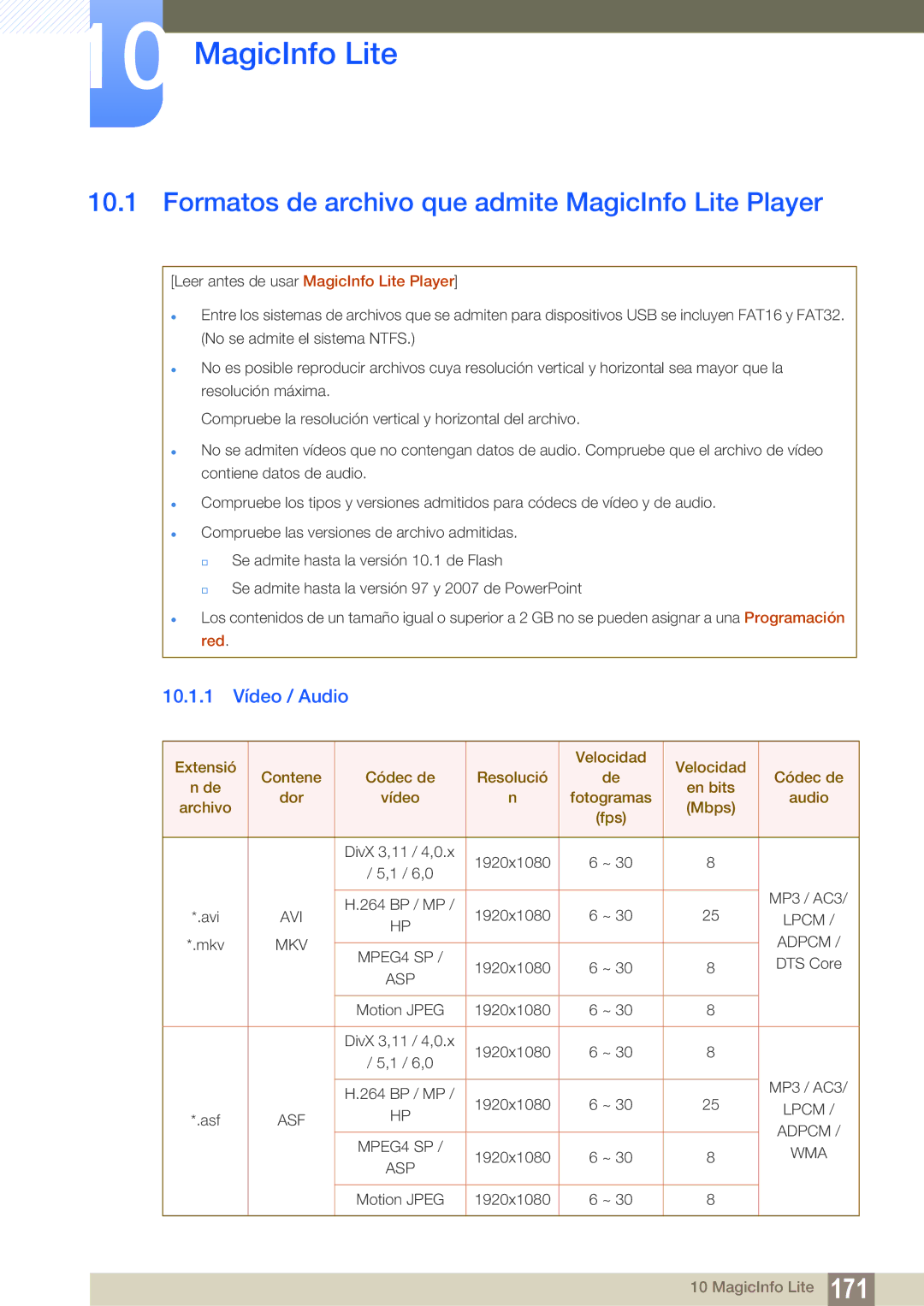 Samsung LH55UEAPLGC/EN, LH40DEPLGC/EN manual Formatos de archivo que admite MagicInfo Lite Player, 10.1.1 Vídeo / Audio 