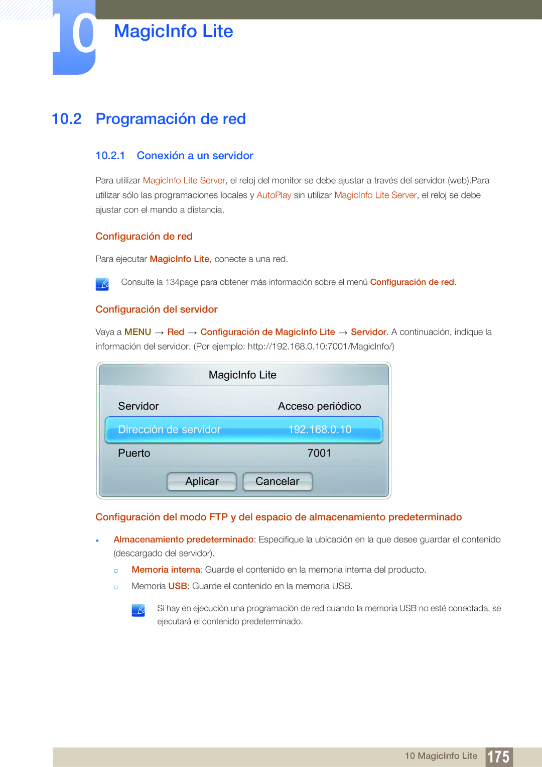 Samsung LH40MEPLGC/EN manual Programación de red, Conexión a un servidor, Configuración de red, Configuración del servidor 