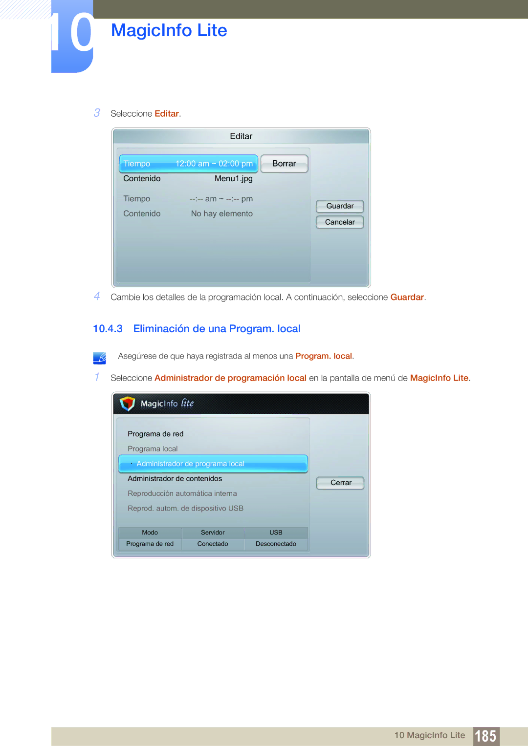 Samsung LH46MEPLGC/EN, LH40DEPLGC/EN, LH46DEPLGC/EN, LH55UEAPLGC/EN, LH46UEPLGC/EN Eliminación de una Program. local, Borrar 