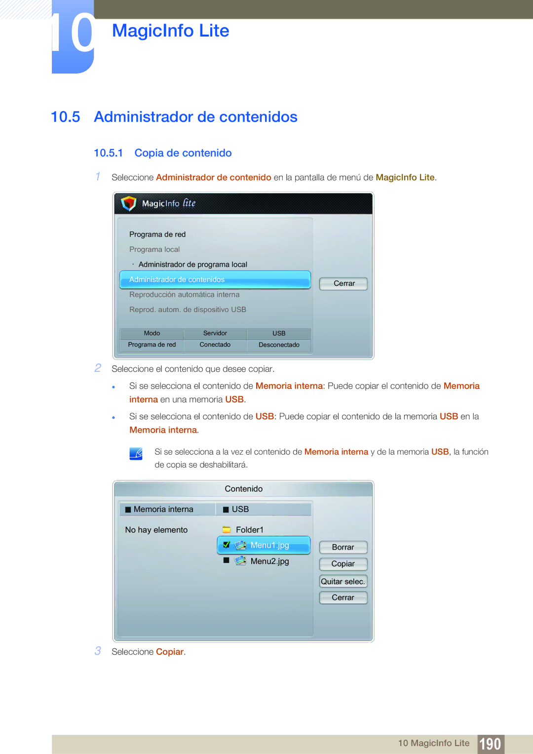 Samsung LH55MEPLGC/EN, LH40DEPLGC/EN, LH46DEPLGC/EN, LH55UEAPLGC/EN manual Administrador de contenidos, Copia de contenido 