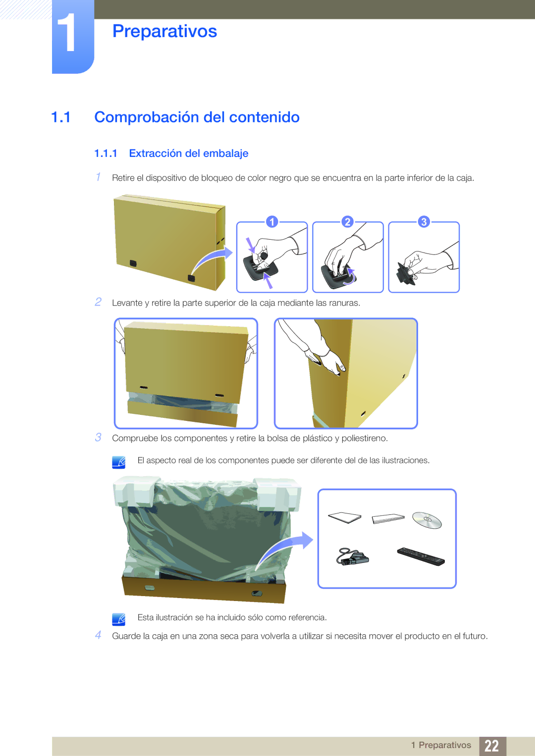 Samsung LH40DEAPLBC/EN, LH40DEPLGC/EN, LH46DEPLGC/EN manual Preparativos, Comprobación del contenido, Extracción del embalaje 