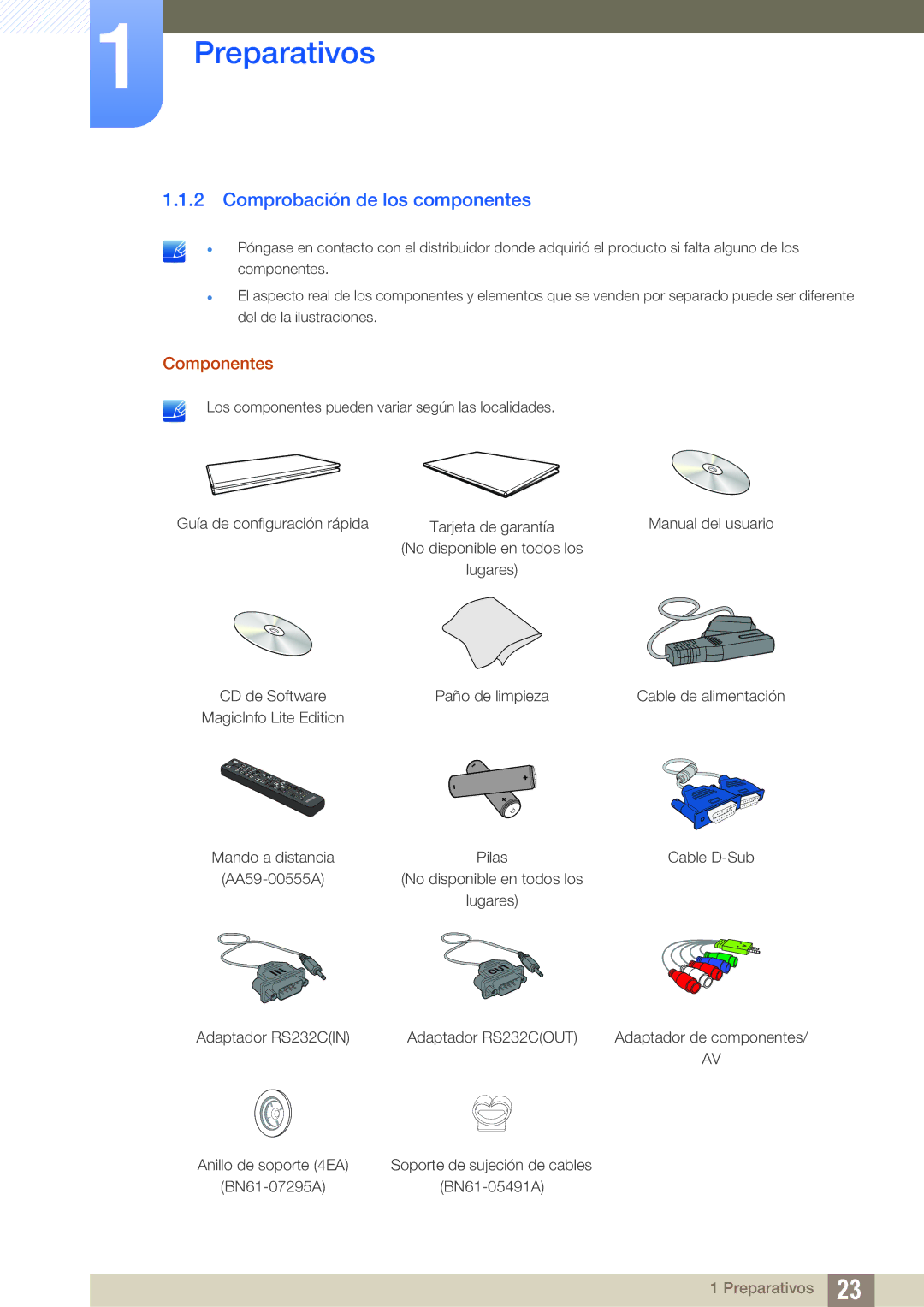 Samsung LH55DEAPLBC/EN, LH40DEPLGC/EN, LH46DEPLGC/EN, LH55UEAPLGC/EN manual Comprobación de los componentes, Componentes 